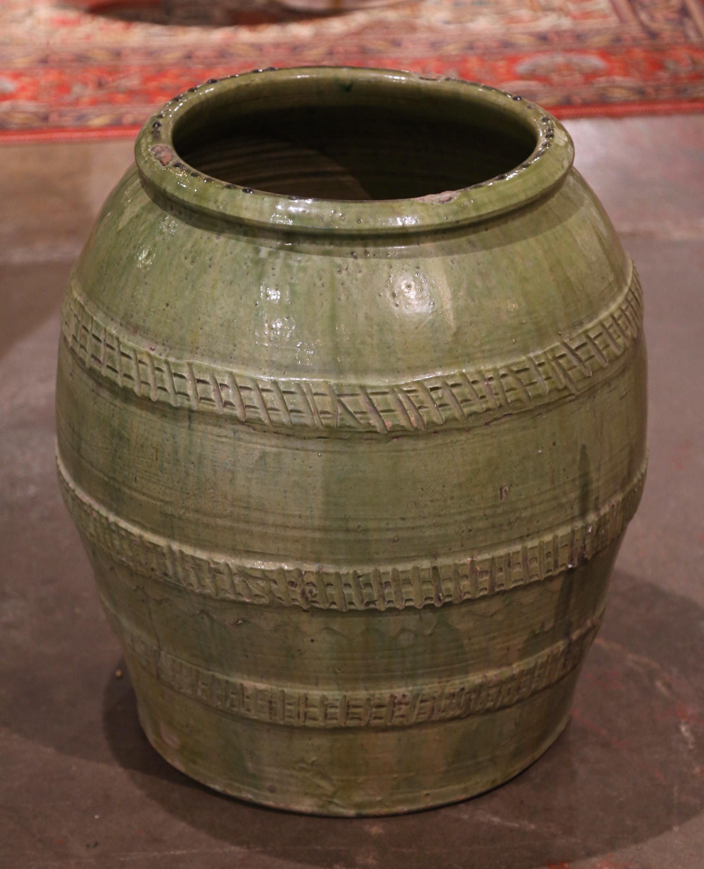 Hand-Carved 19th Century French Hand Carved Green Terracotta Olive Oil Jar from Provence