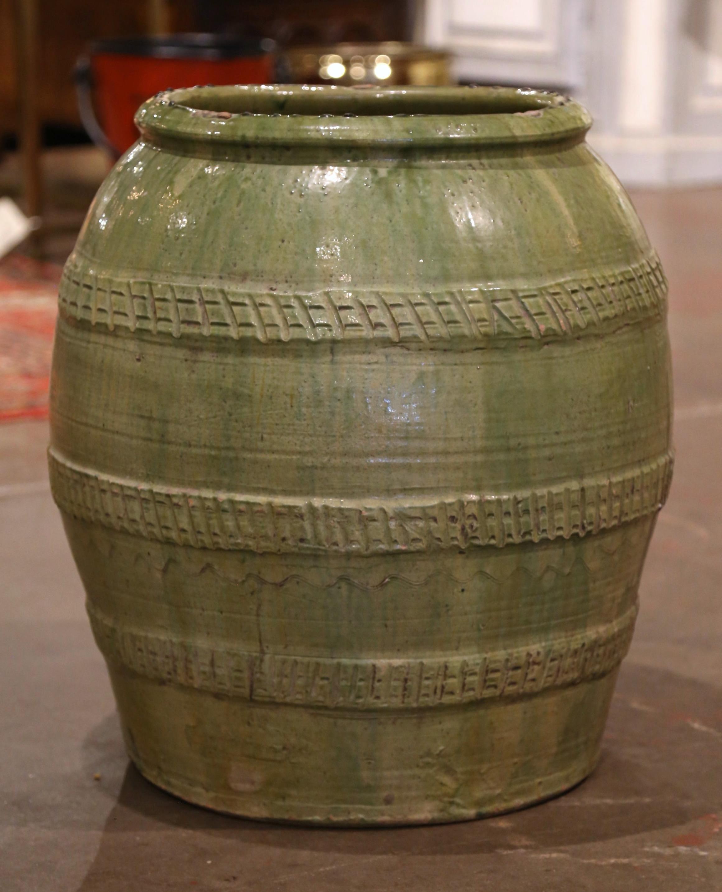 19th Century French Hand Carved Green Terracotta Olive Oil Jar from Provence In Excellent Condition In Dallas, TX