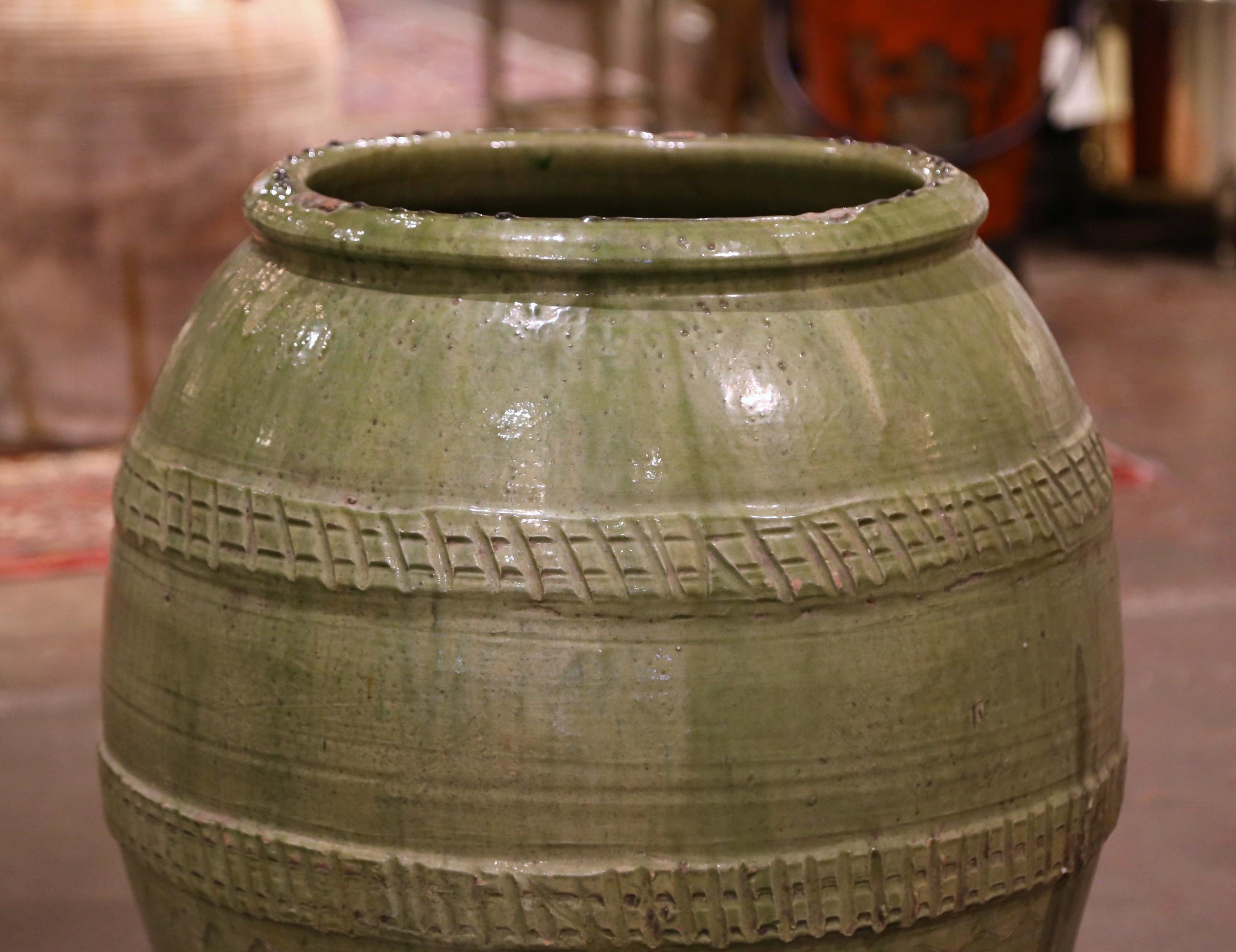 Earthenware 19th Century French Hand Carved Green Terracotta Olive Oil Jar from Provence