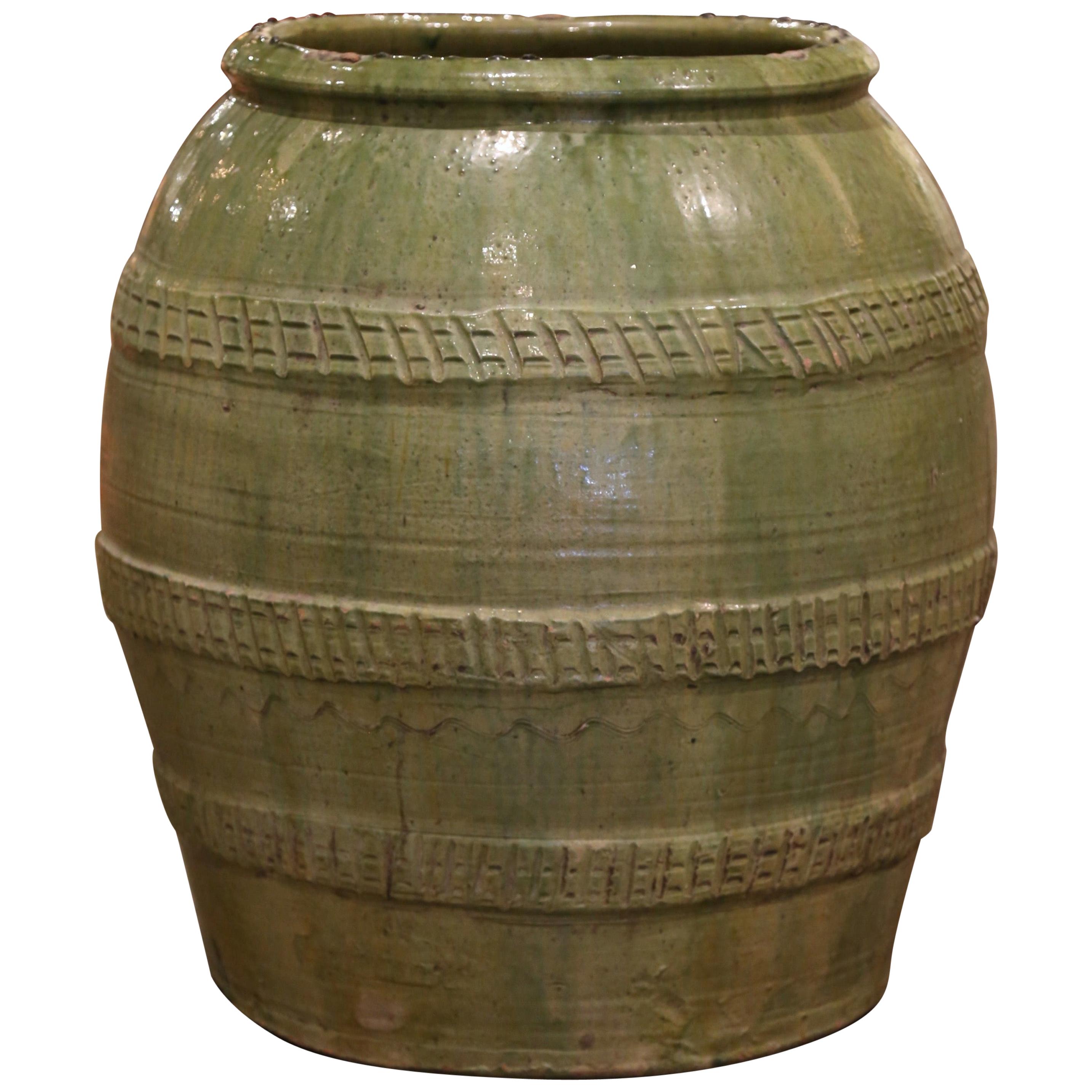 19th Century French Hand Carved Green Terracotta Olive Oil Jar from Provence