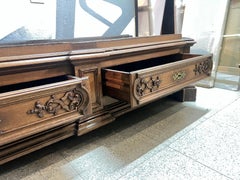 Banc en chêne du XIXe siècle, sculpté à la main, avec deux tiroirs à l'avant