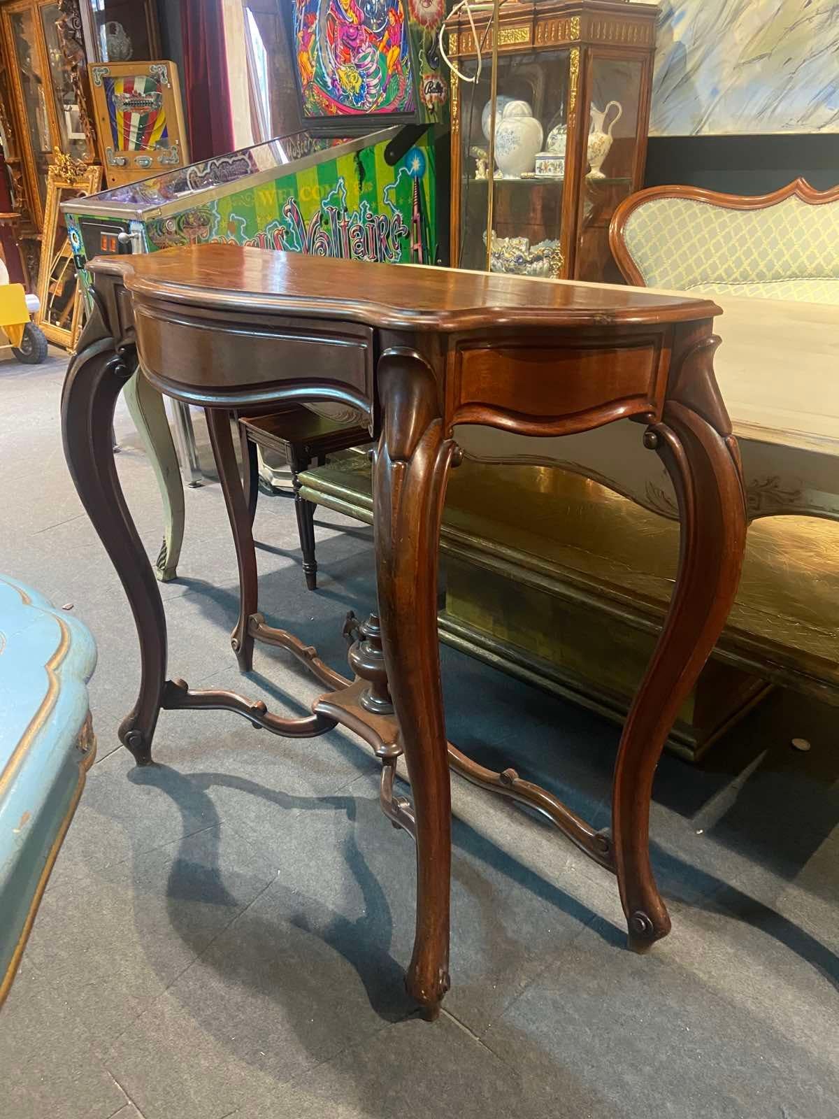 Hand-Carved 19th Century French Hand Carved Mahogany Console with One Drawer and Wooden Top For Sale