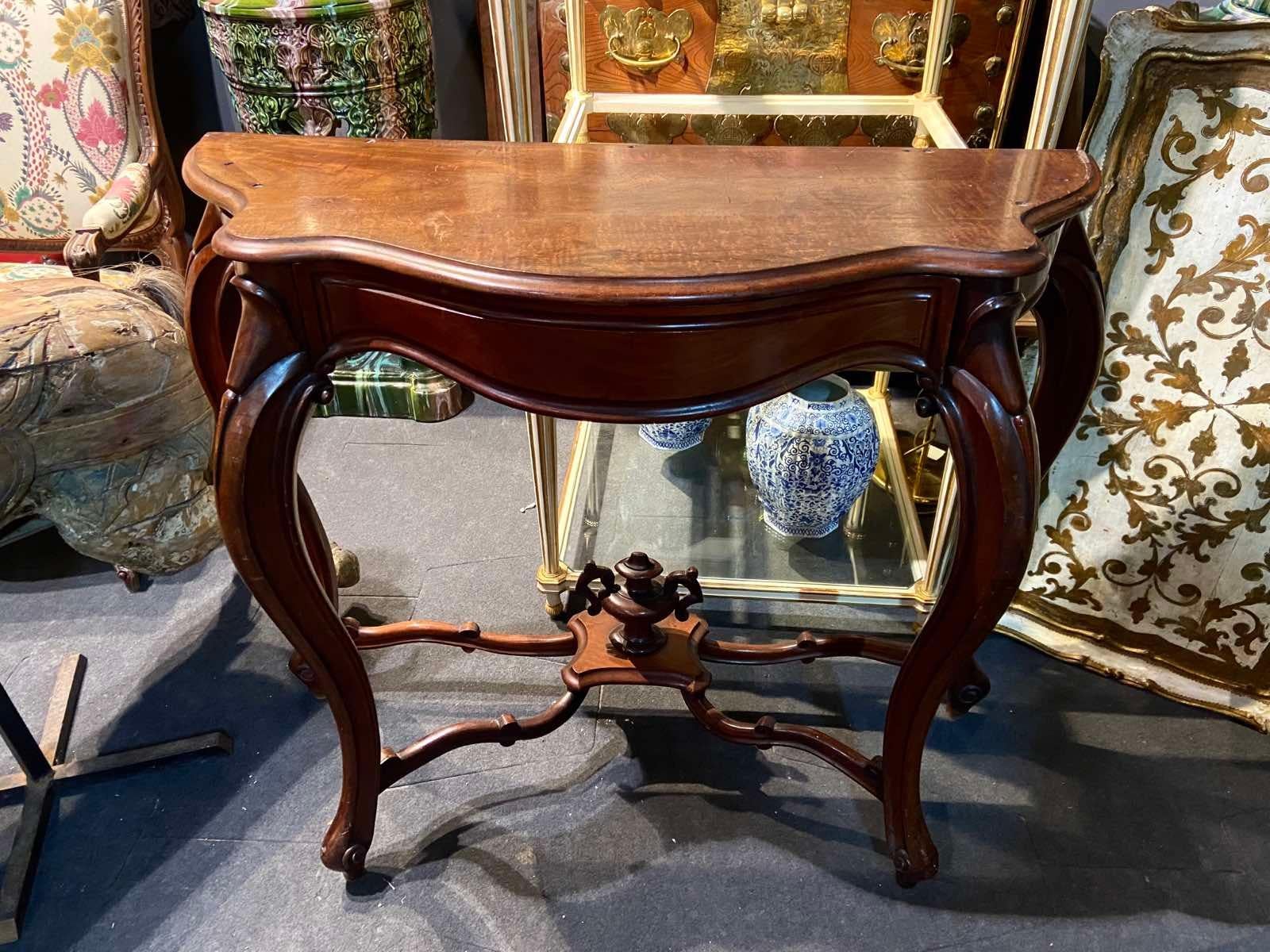 19th Century French Hand Carved Mahogany Console with One Drawer and Wooden Top For Sale 1