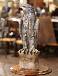 19th Century French Hand Carved Marble Eagle with Glass Eyes
