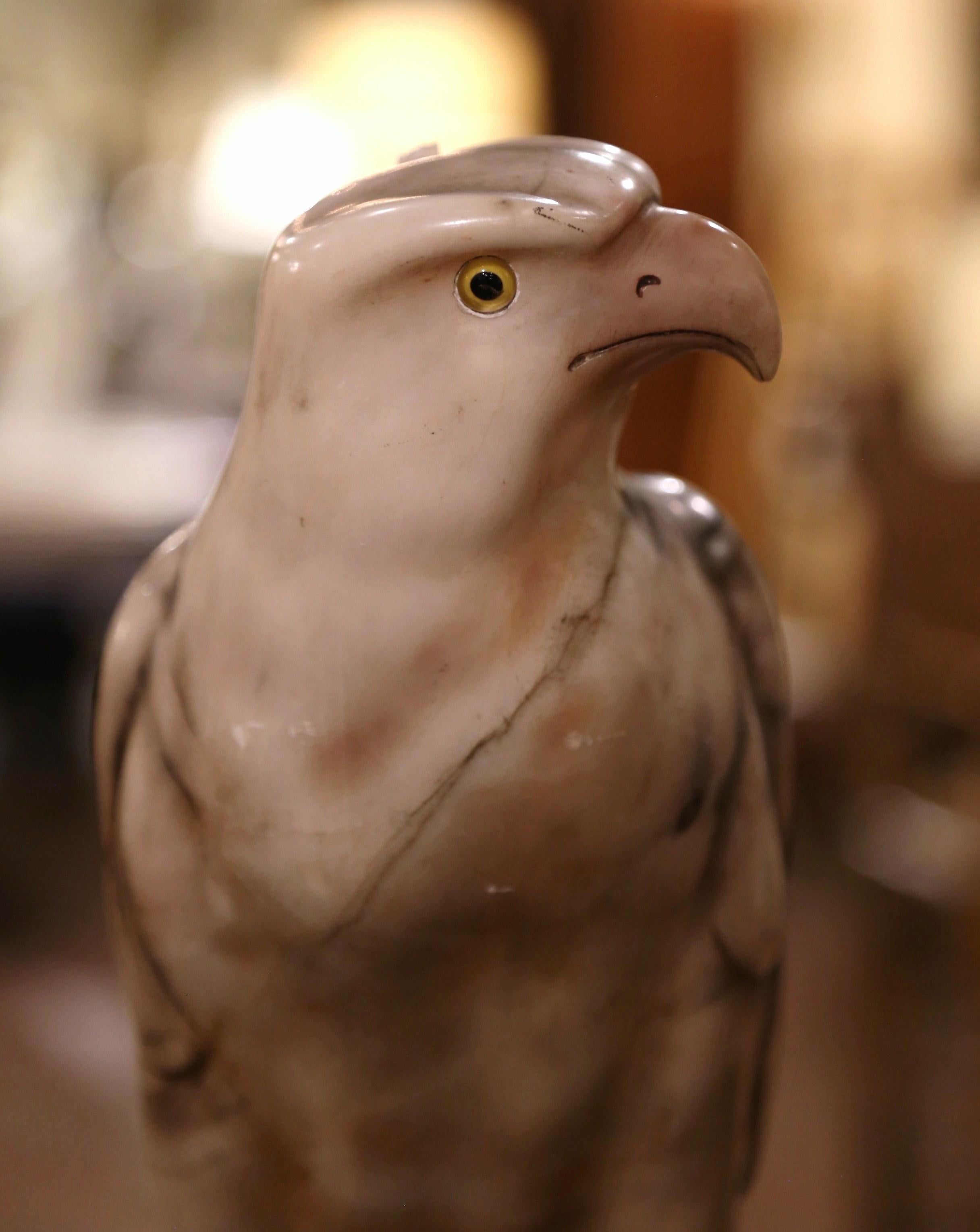 Art Nouveau 19th Century French Hand Carved Marble Eagle with Glass Eyes