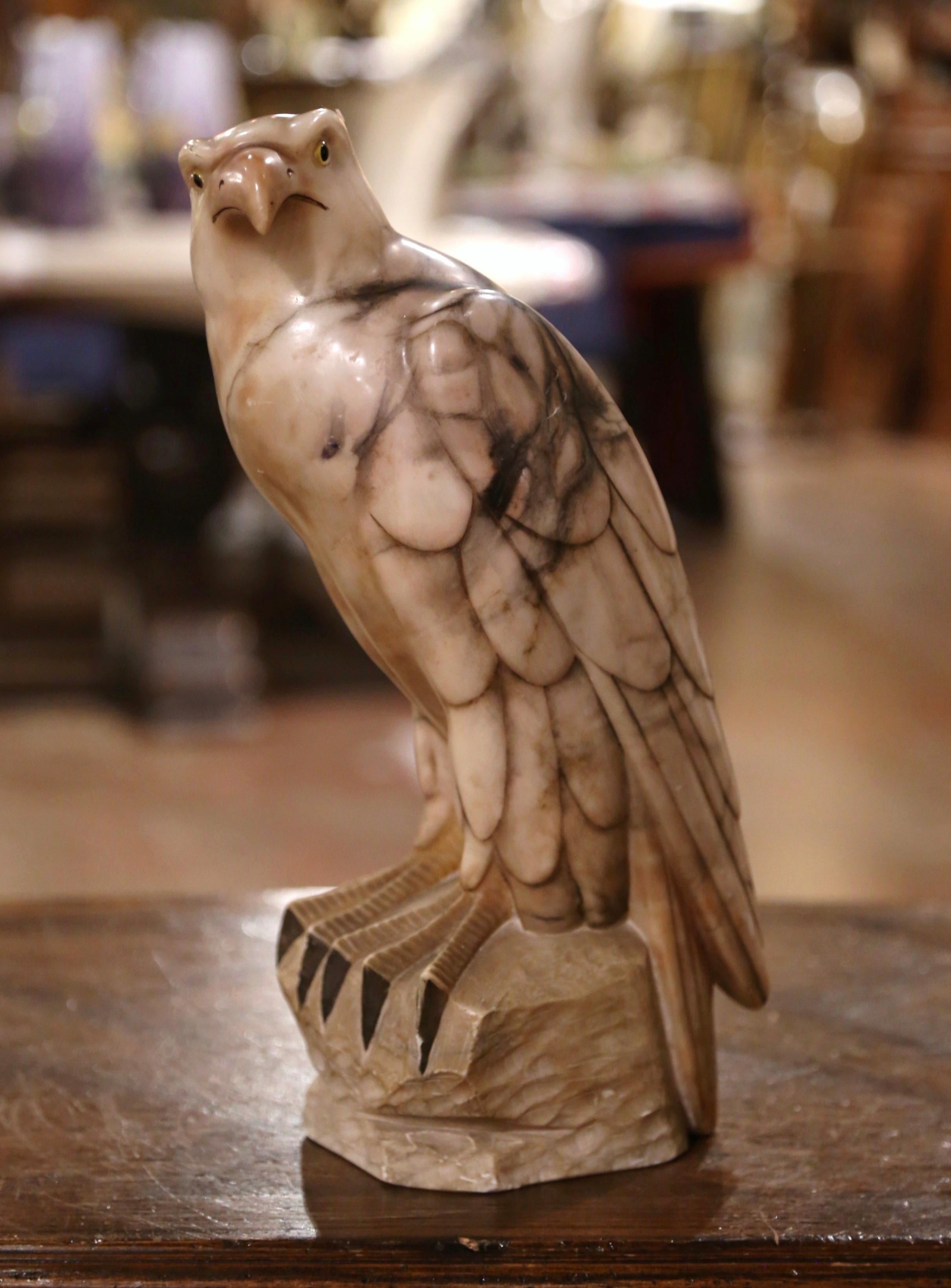 19th Century French Hand Carved Marble Eagle with Glass Eyes In Excellent Condition In Dallas, TX