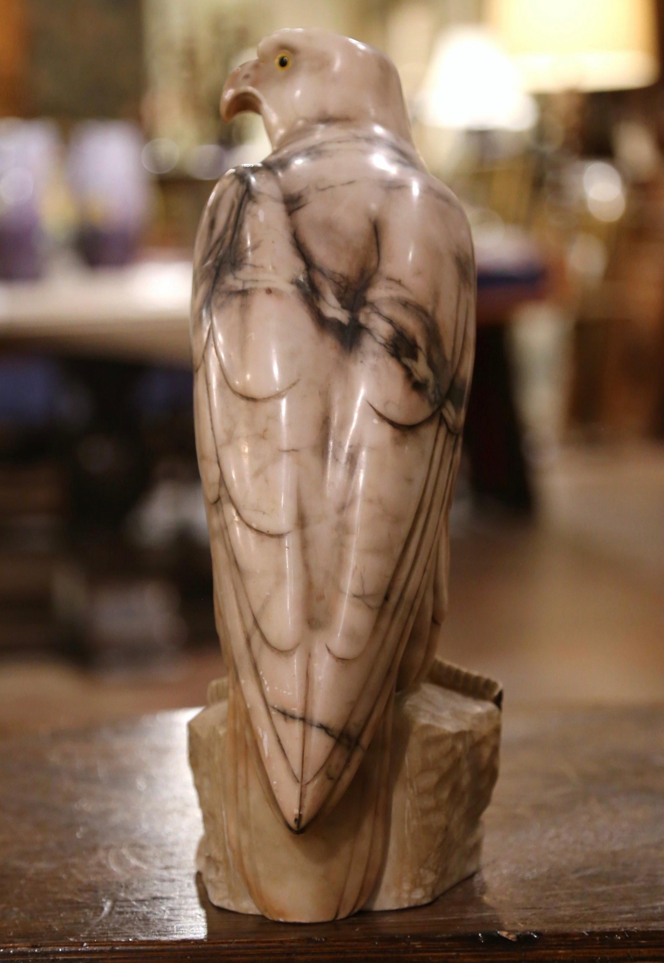 19th Century French Hand Carved Marble Eagle with Glass Eyes 3
