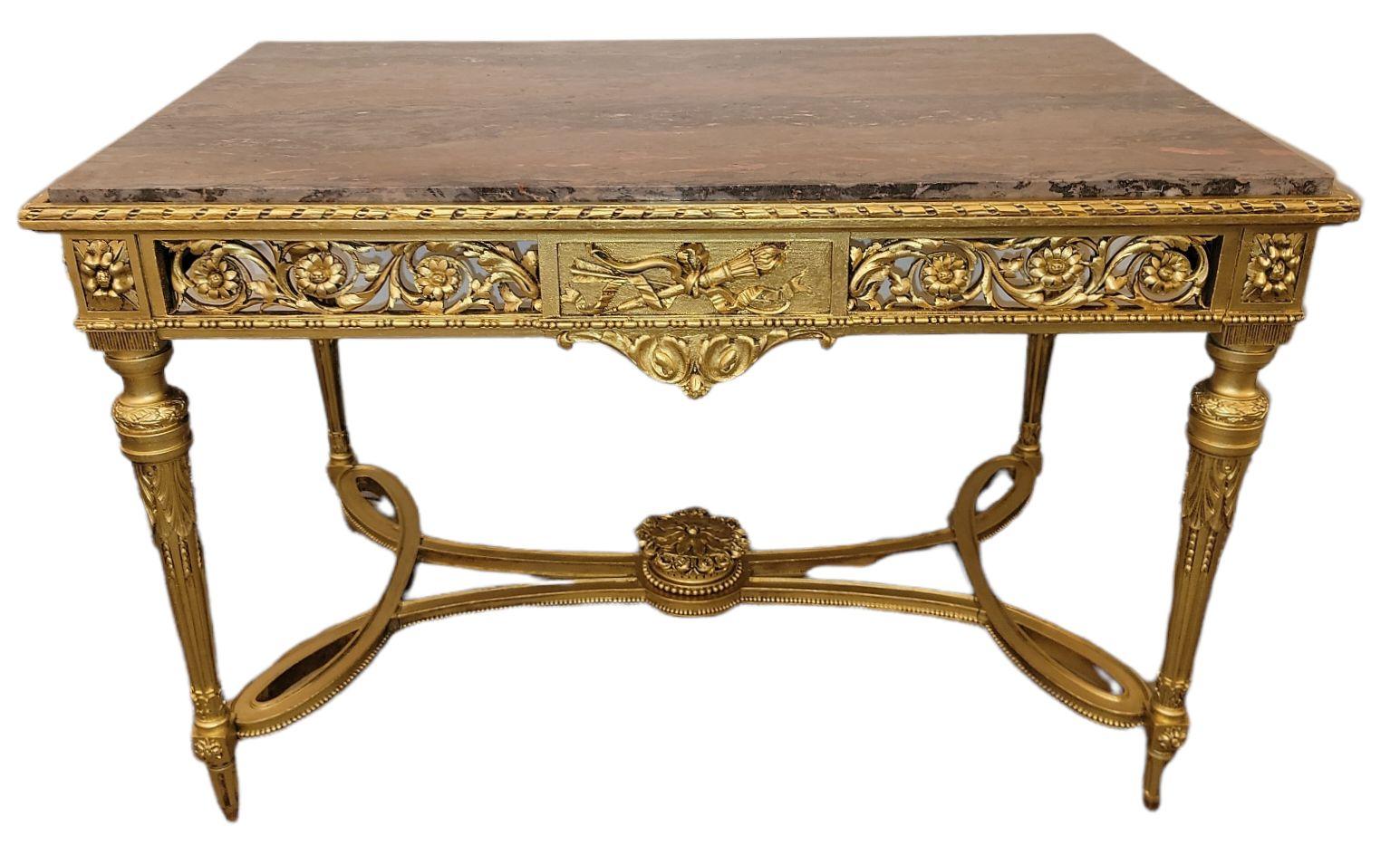 French Provincial 19th Century French Hand Carved Marble Top Center Table For Sale