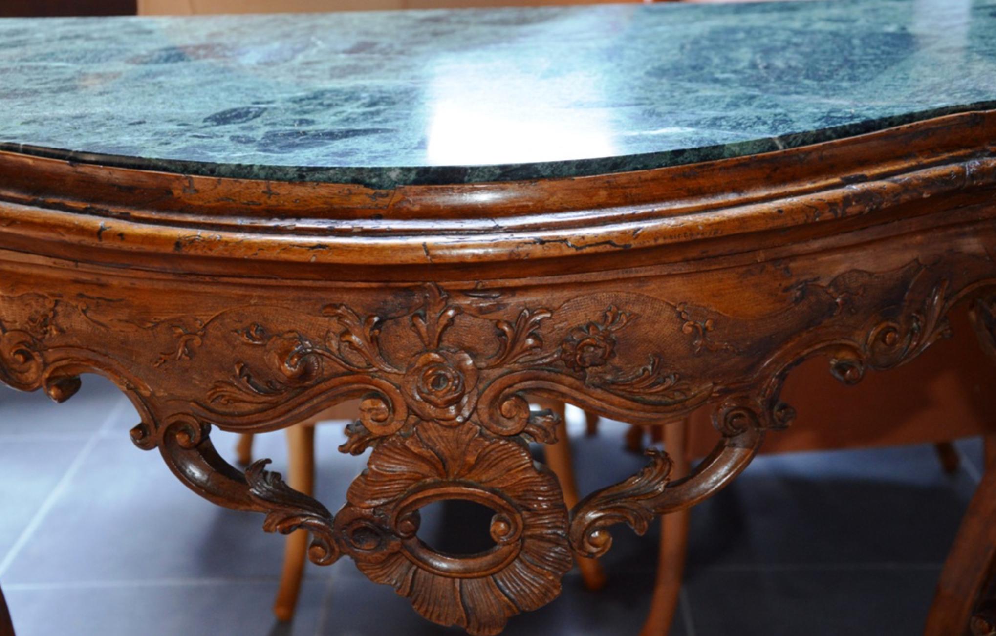 Walnut 19th Century French Hand-Carved Marble-Top Console Louis XV Period For Sale