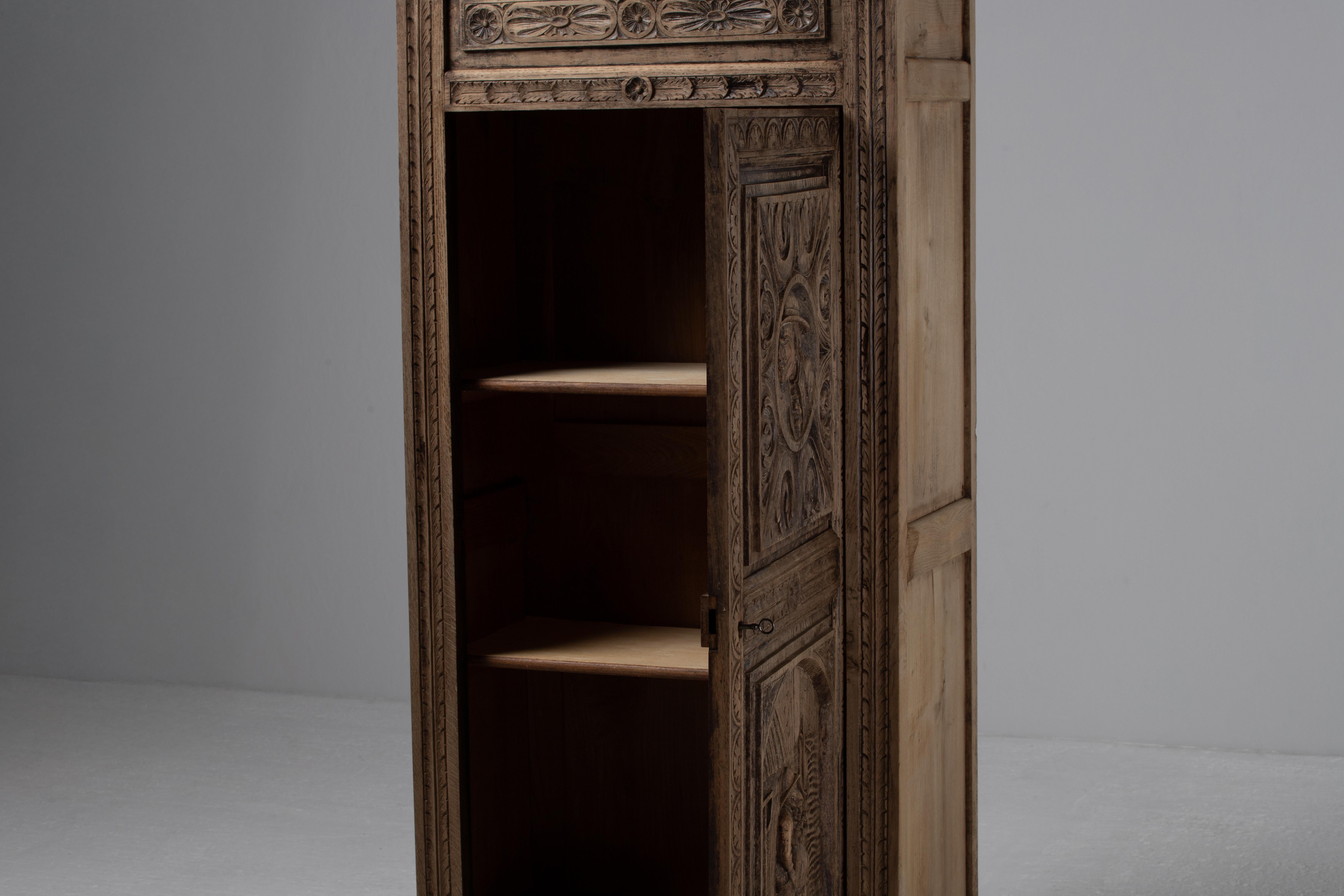 19th Century 19th-Century French Hand-Carved Oak Bonnetière For Sale