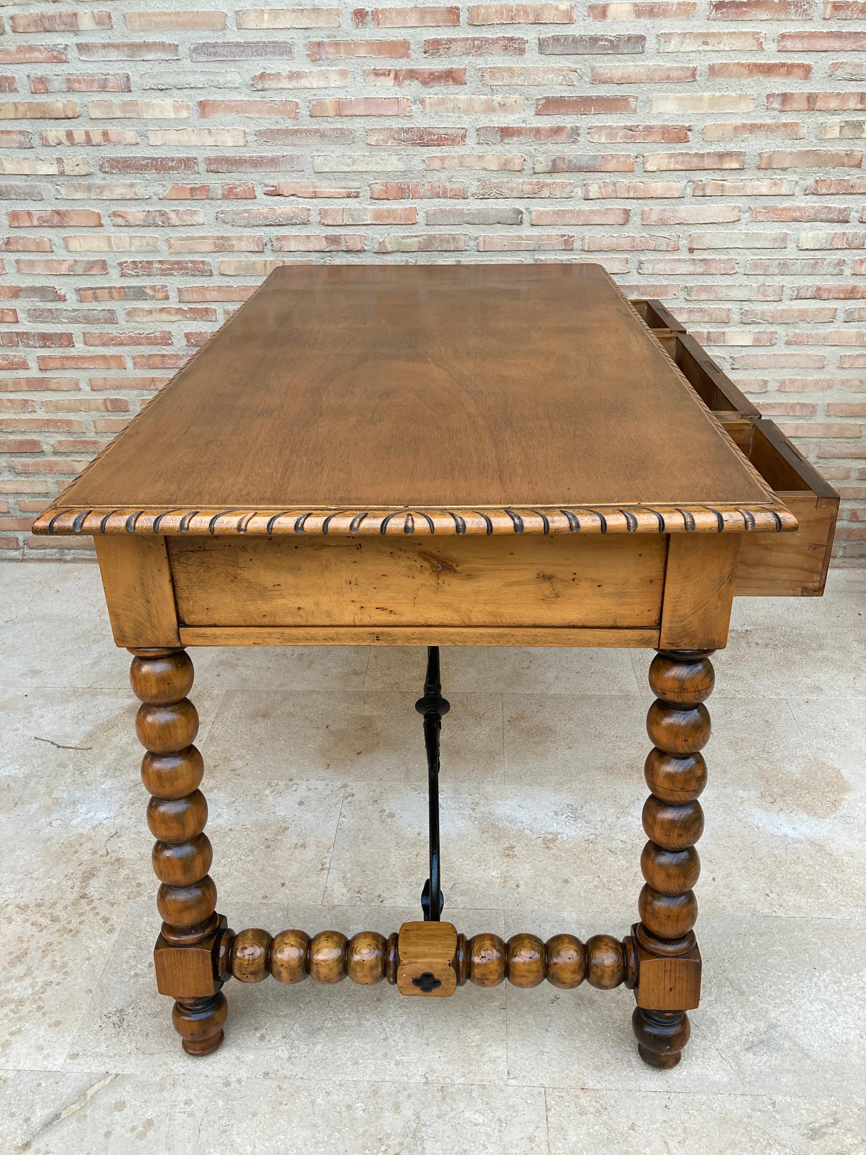 19th Century French Hand Carved Oak Desk with Iron Stretcher  For Sale 7