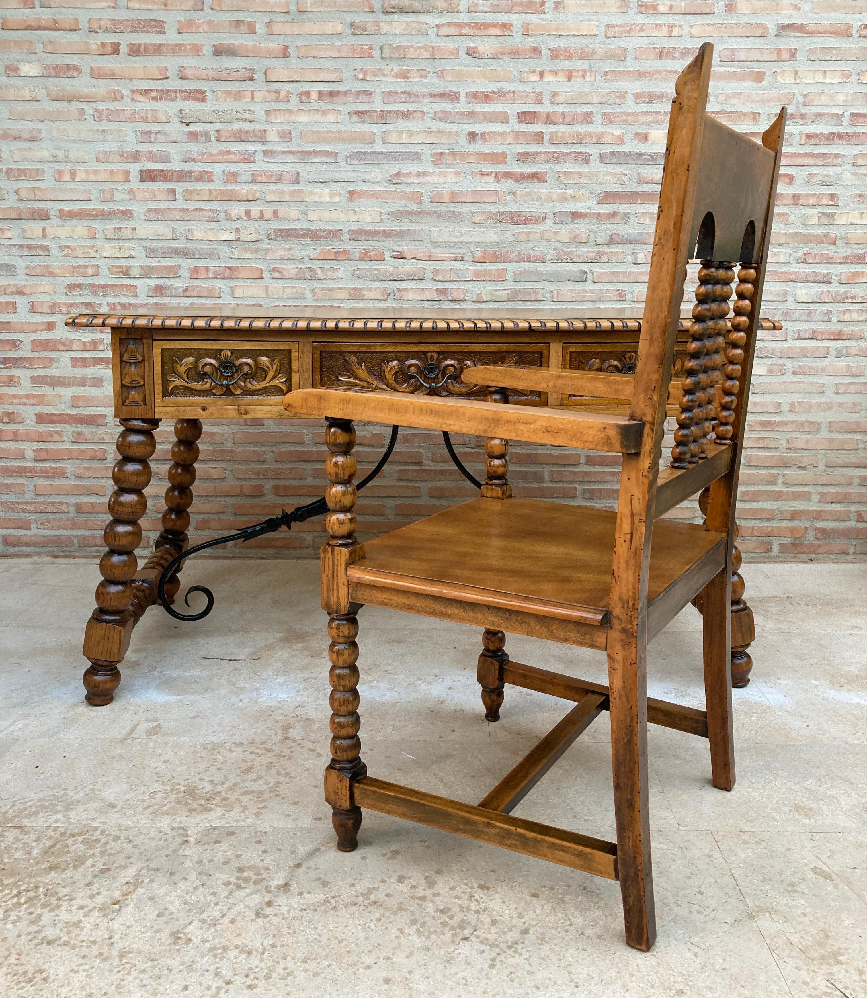 19th Century French Hand Carved Oak Desk with Iron Stretcher  For Sale 8