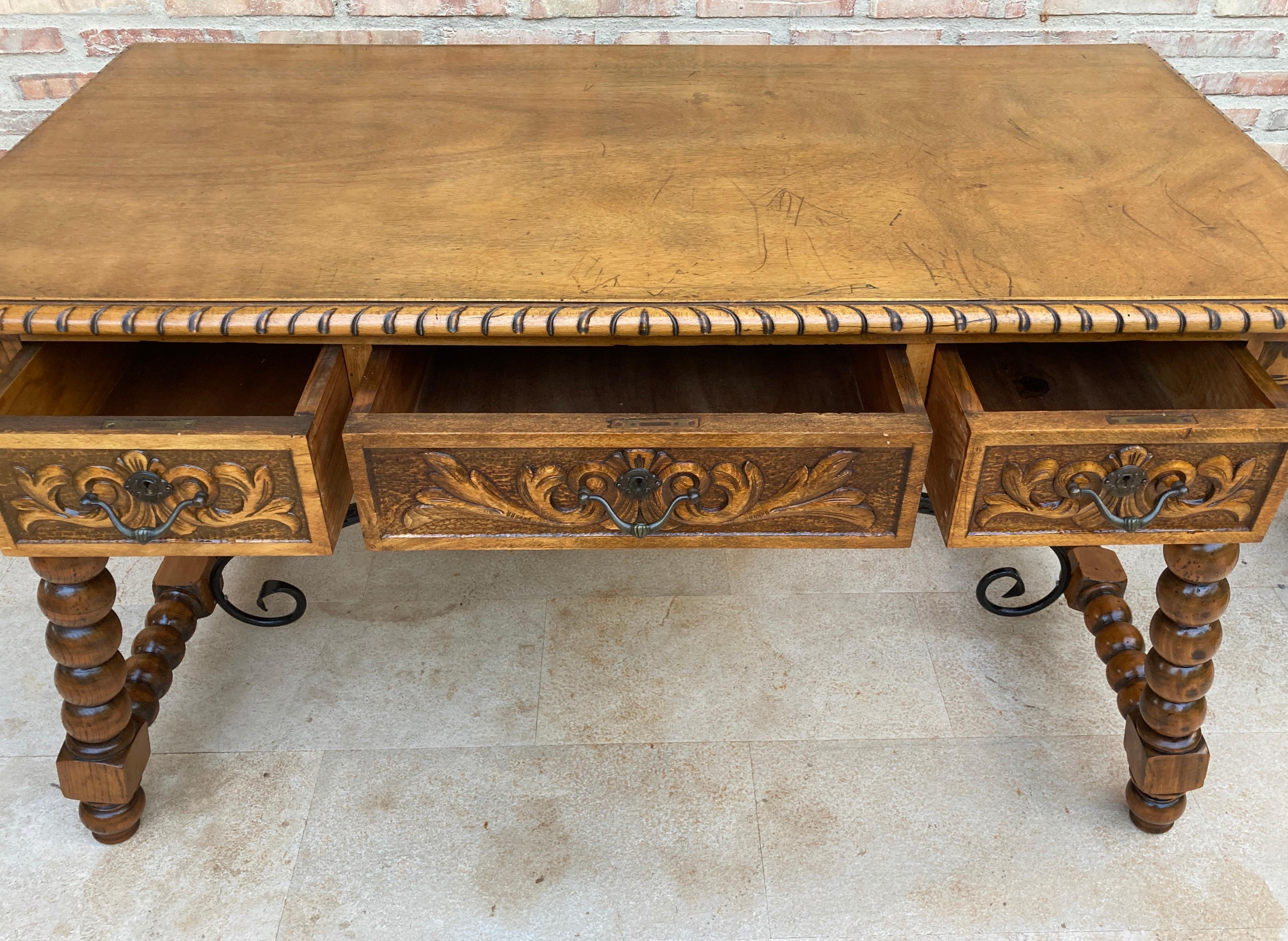 19th Century French Hand Carved Oak Desk with Iron Stretcher  For Sale 9
