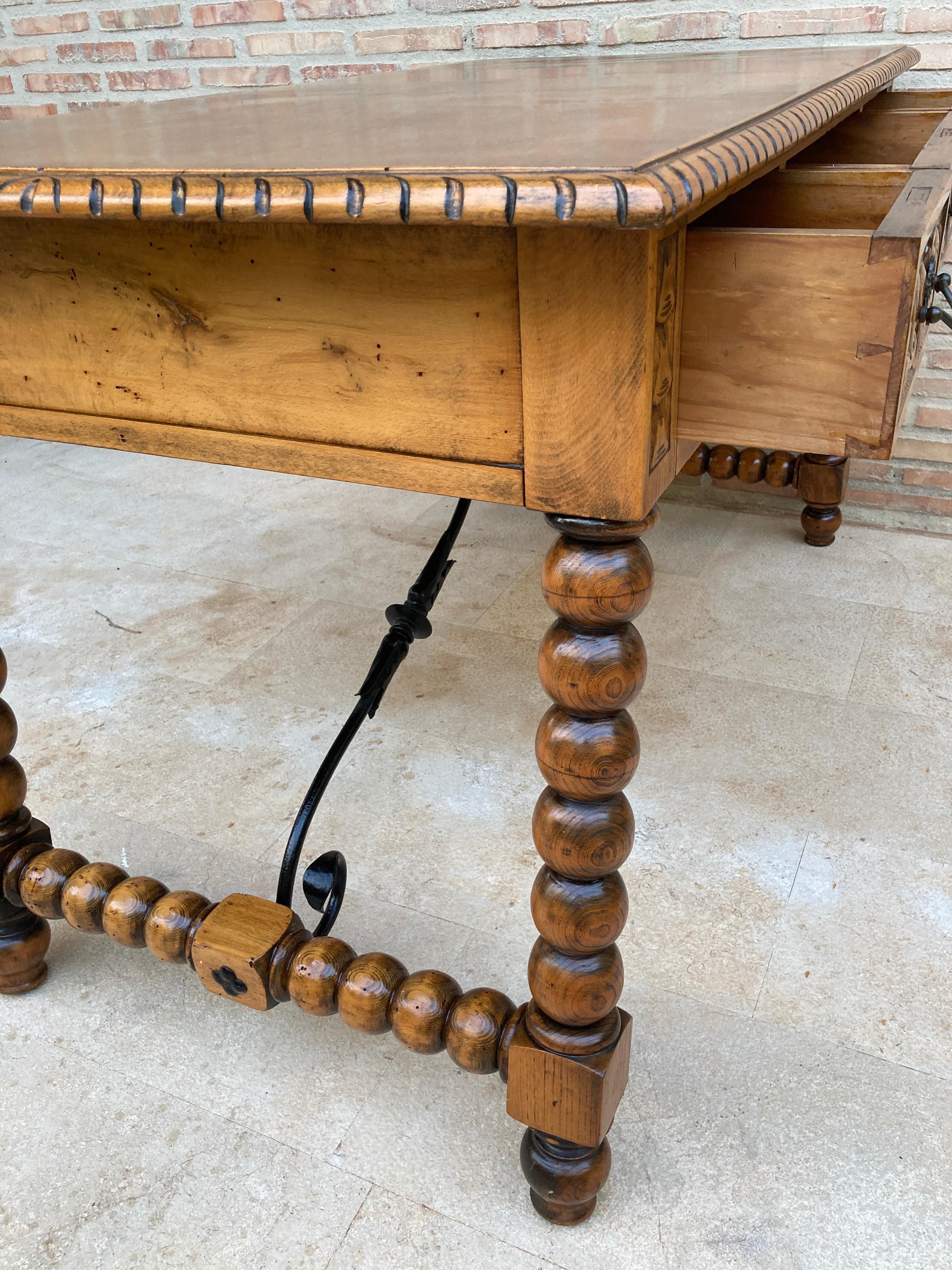 19th Century French Hand Carved Oak Desk with Iron Stretcher  For Sale 12