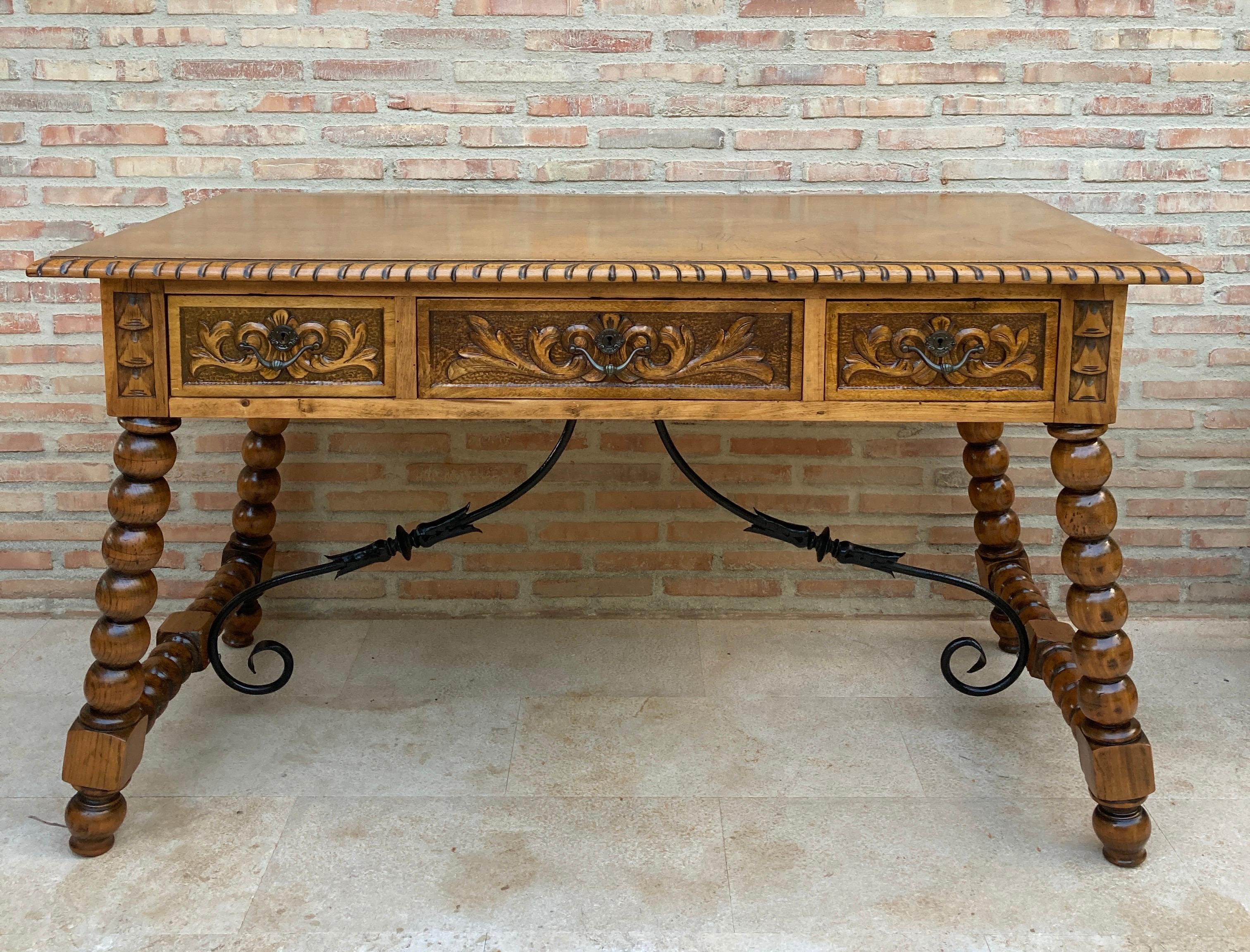 Baroque 19th Century French Hand Carved Oak Desk with Iron Stretcher  For Sale