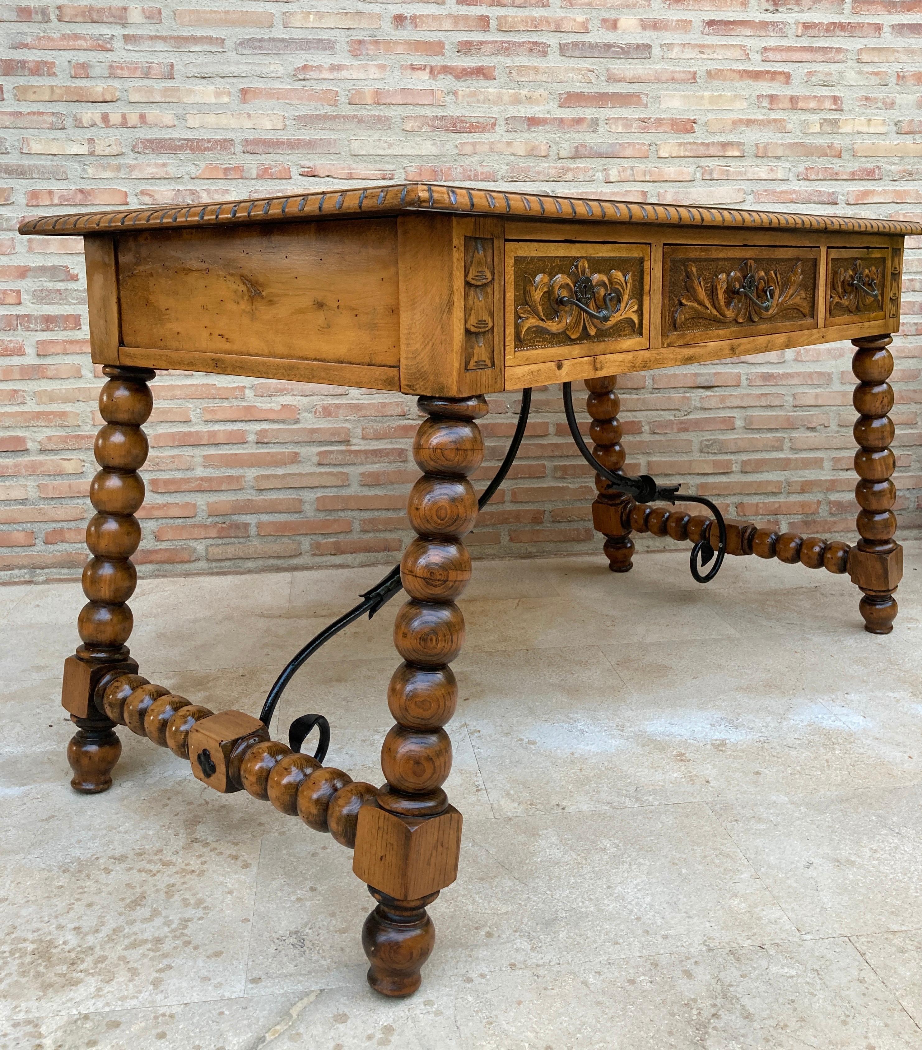 19th Century French Hand Carved Oak Desk with Iron Stretcher  In Good Condition For Sale In Miami, FL