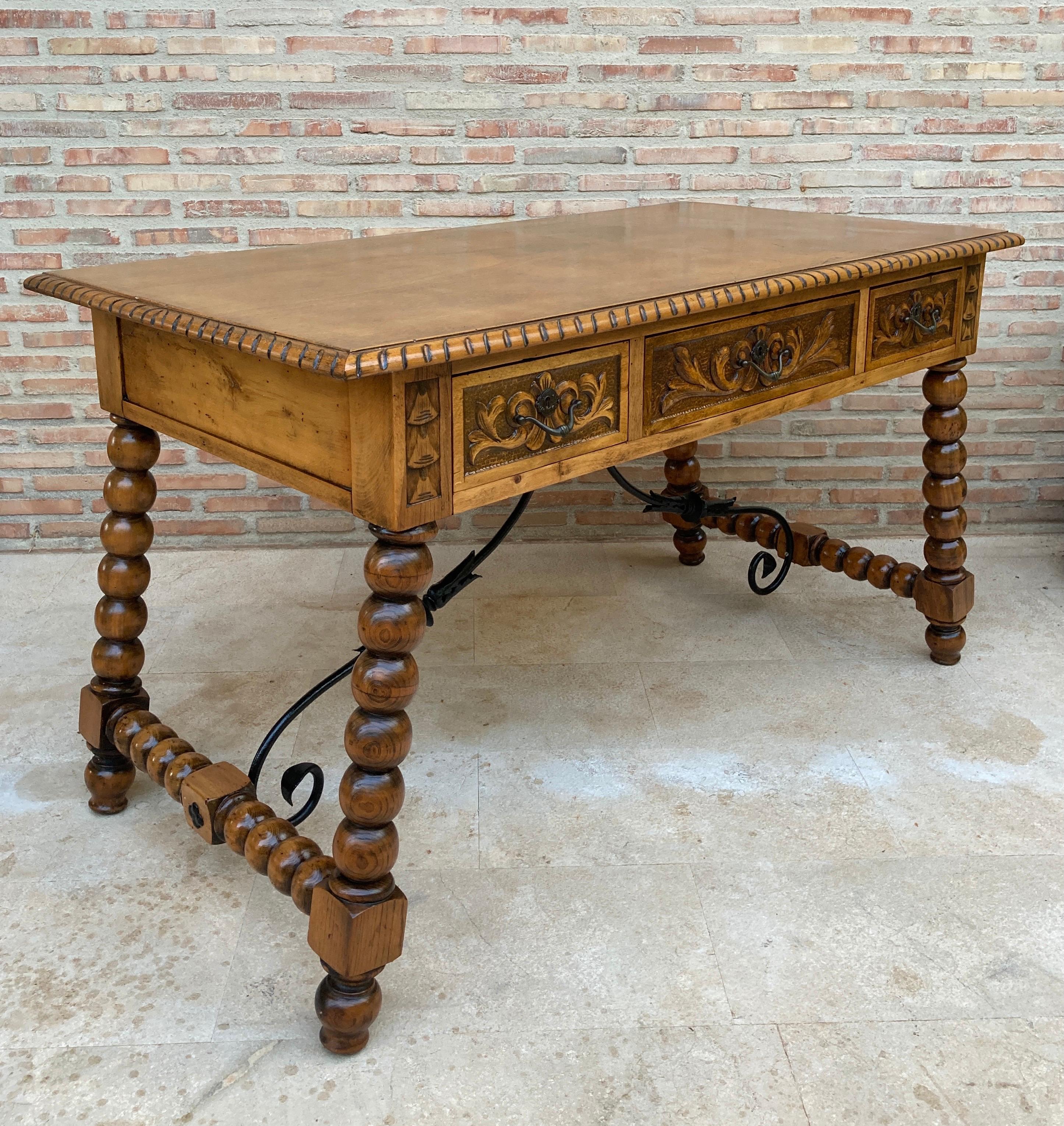 19th Century French Hand Carved Oak Desk with Iron Stretcher  For Sale 1