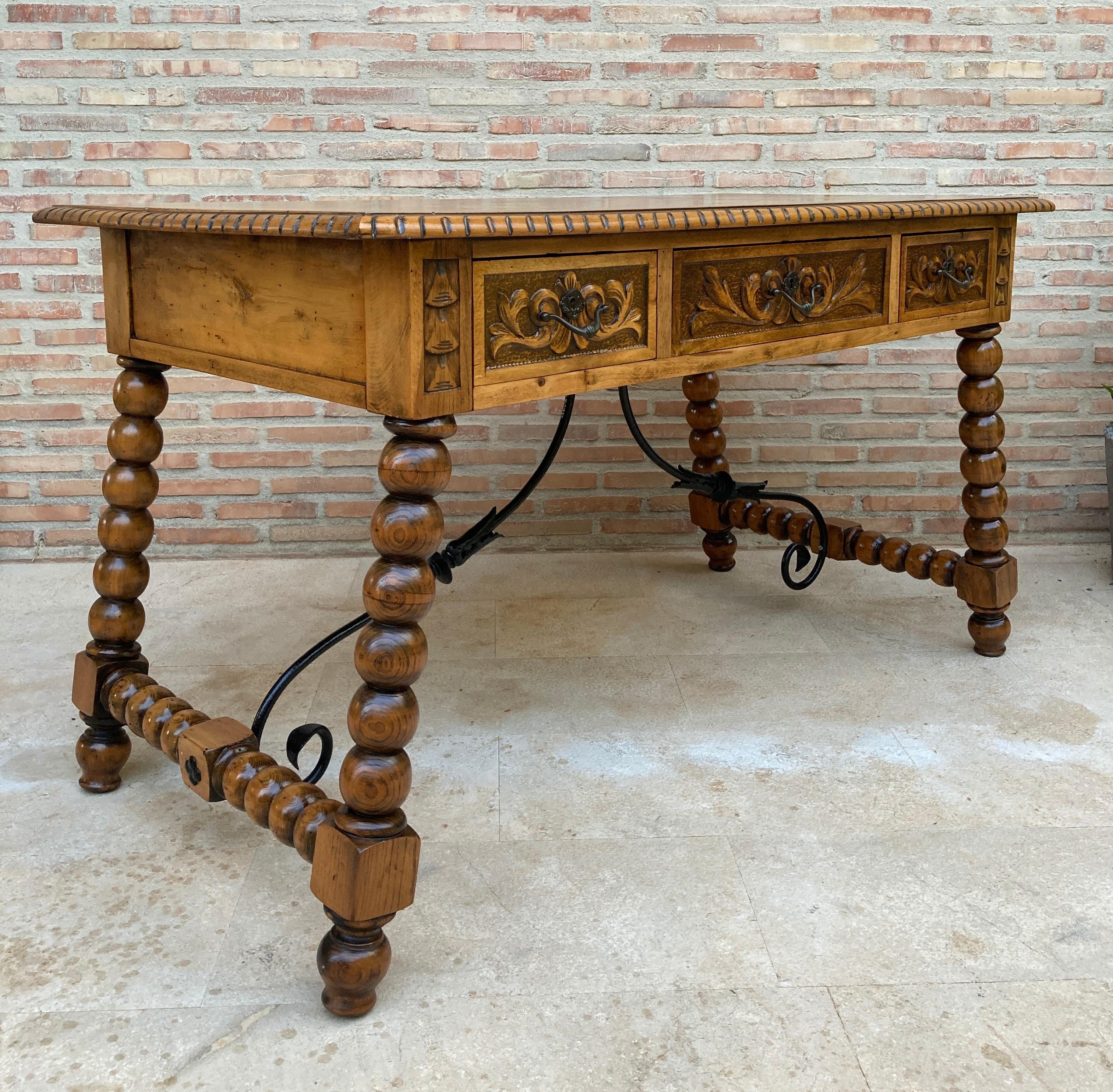 19th Century French Hand Carved Oak Desk with Iron Stretcher  For Sale 2