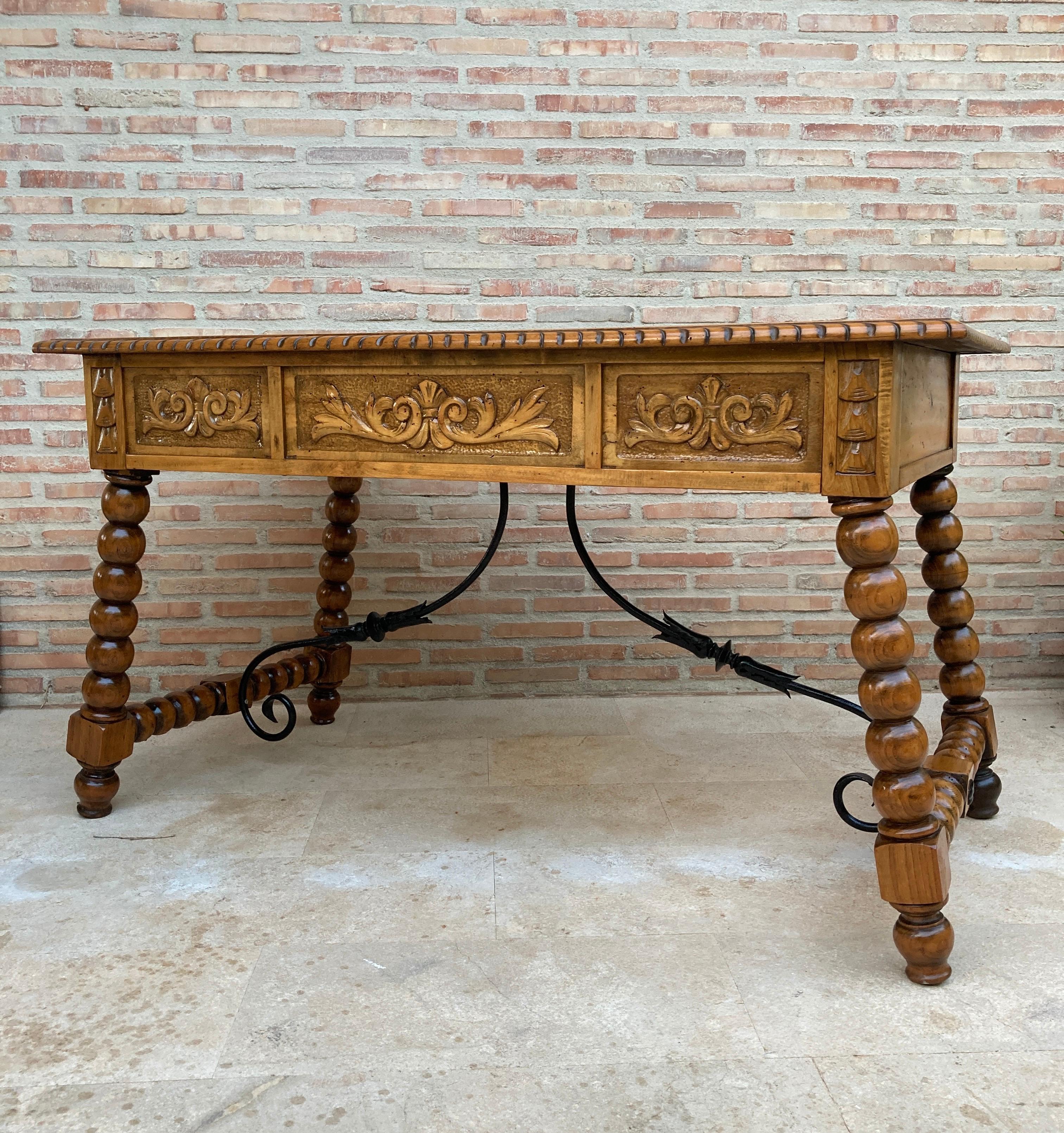 19th Century French Hand Carved Oak Desk with Iron Stretcher  For Sale 3