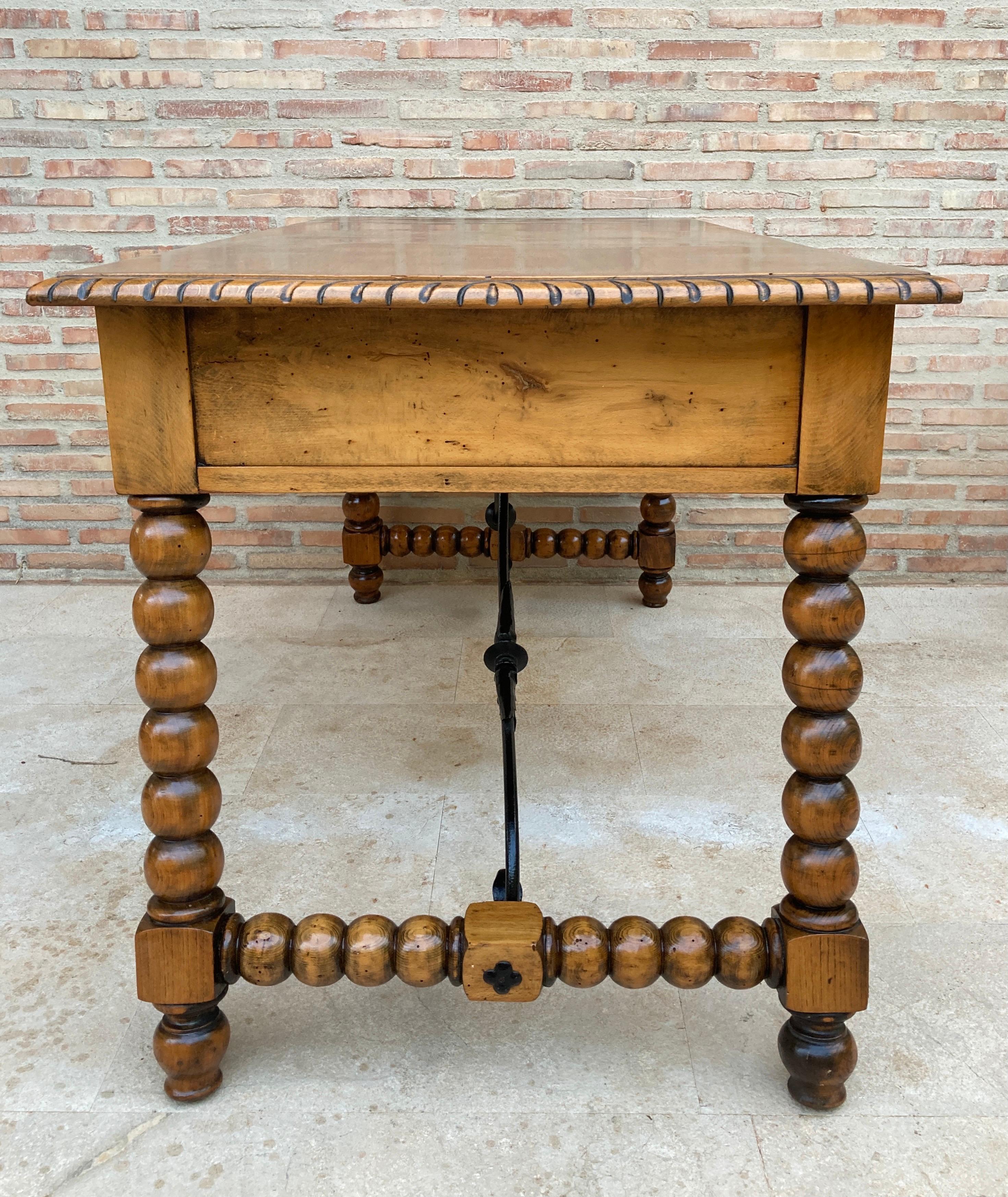 19th Century French Hand Carved Oak Desk with Iron Stretcher  For Sale 4