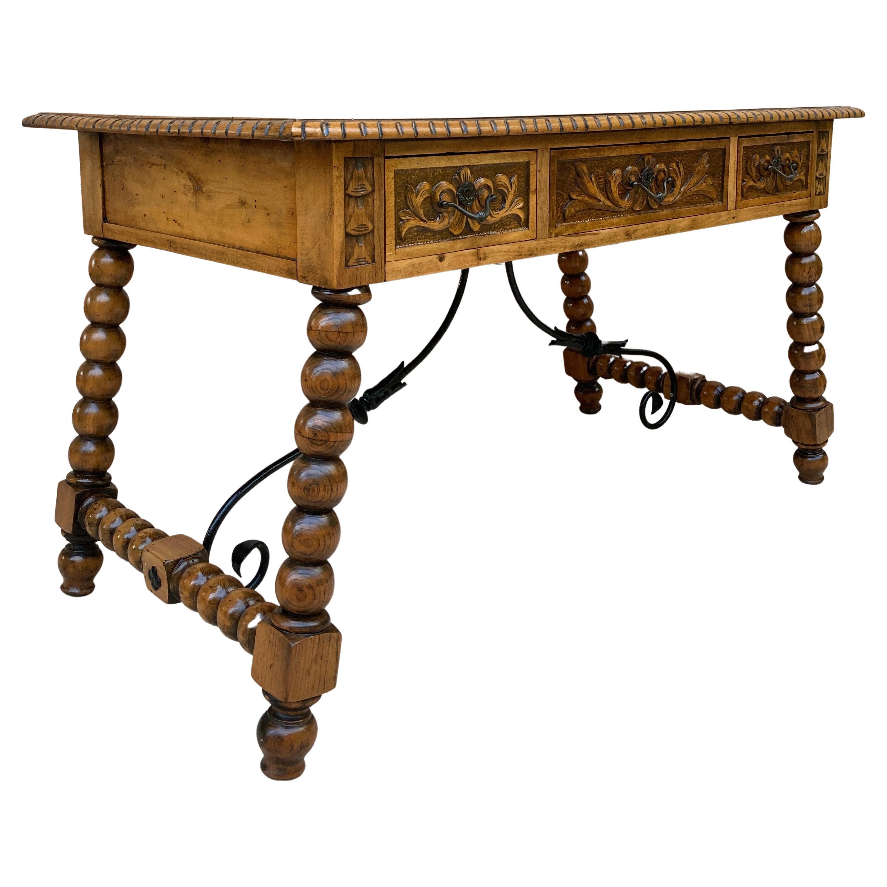 19th Century French Hand Carved Oak Desk with Iron Stretcher  For Sale