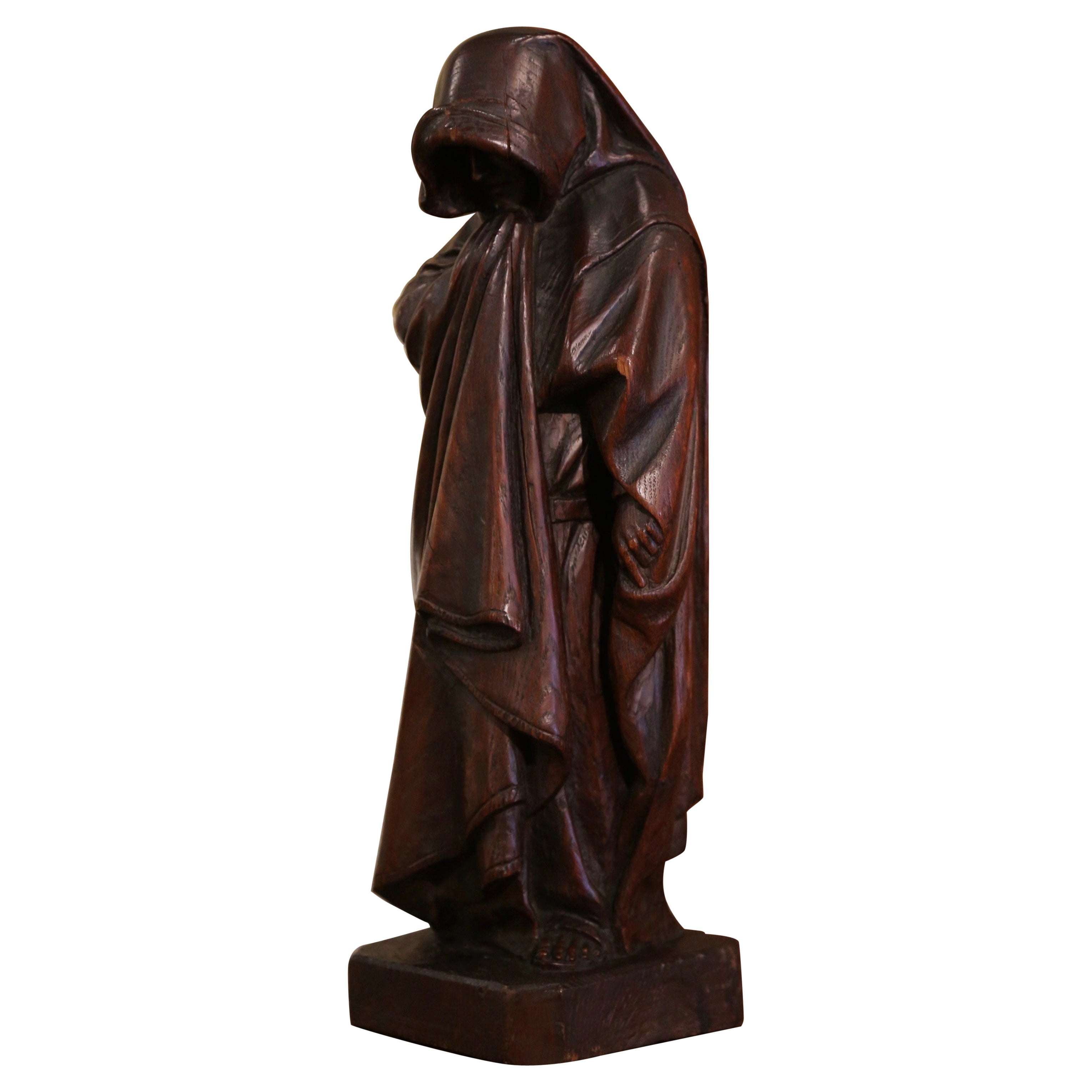 19th Century French Hand Carved Oak Monk Statue in Prayer
