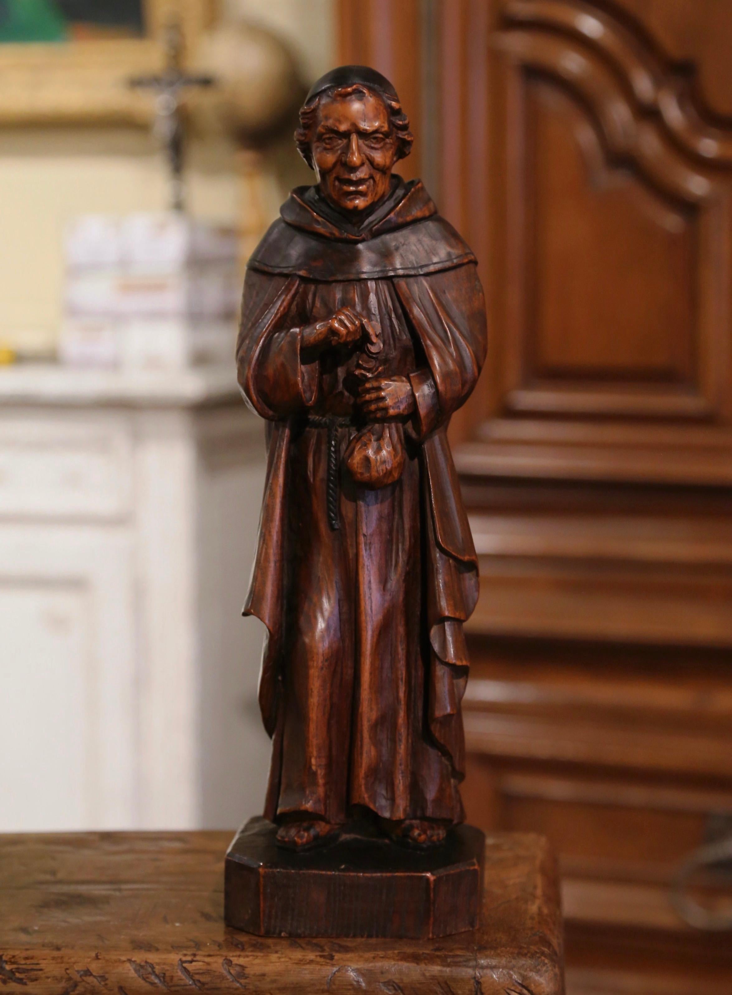 Patinated 19th Century French Hand Carved Oak Monk Statue Signed J. Sabater