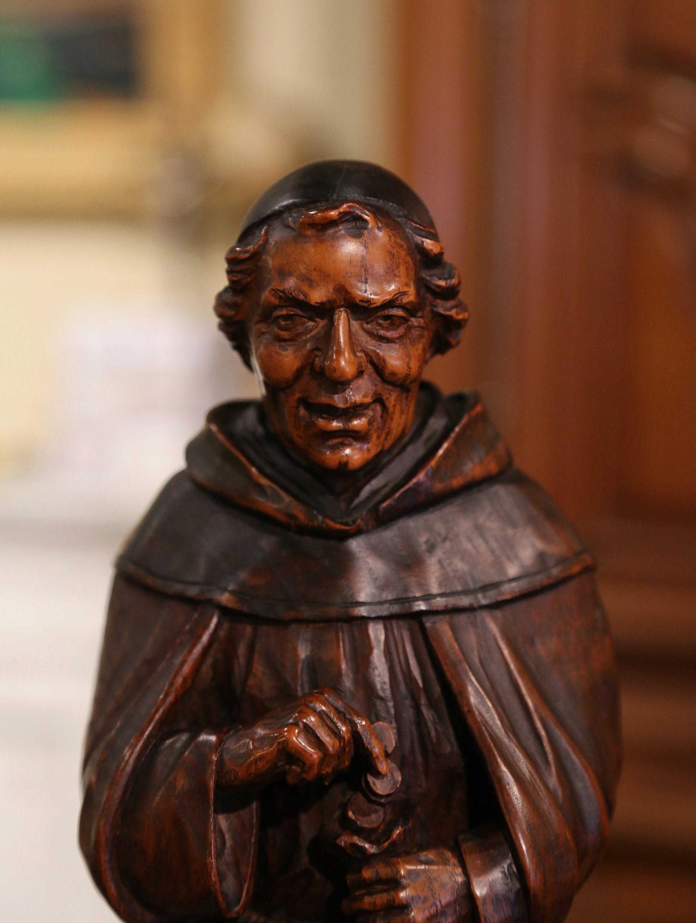 19th Century French Hand Carved Oak Monk Statue Signed J. Sabater In Excellent Condition In Dallas, TX