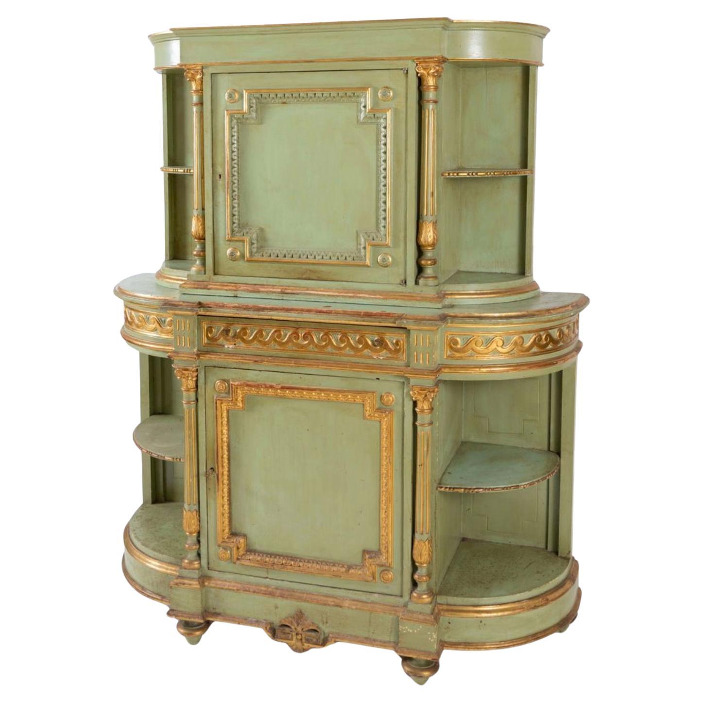 Credenza francese del XIX secolo dipinta a mano in verde a due piani Luigi XVI in vendita