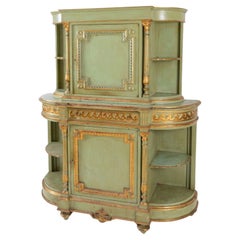 19th Century French Hand Carved Painted in Green Two Stories Cupboard Louis XVI