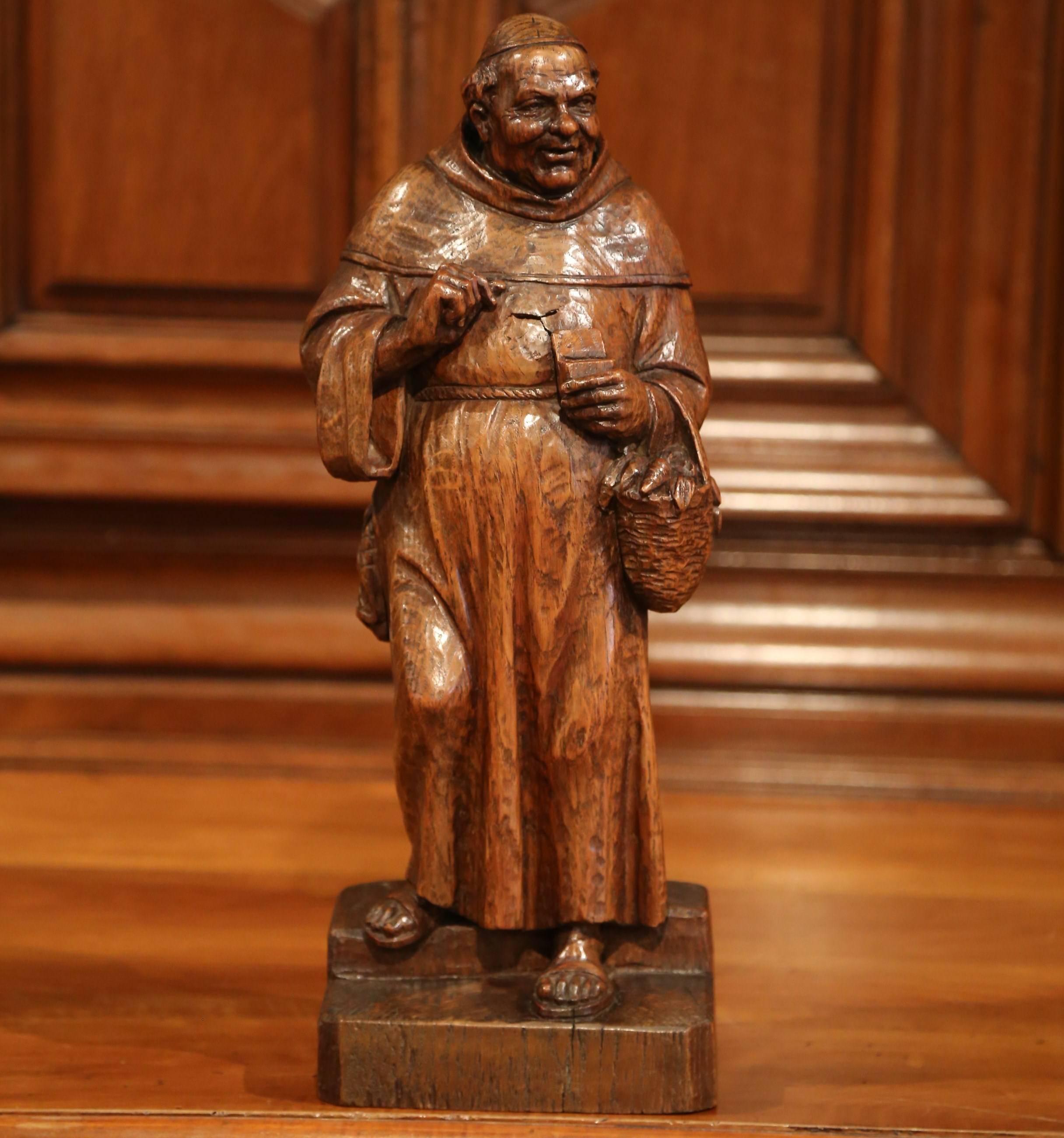 Hand-Carved 19th Century French Hand Carved Patinated Elm Monk Sculpture For Sale