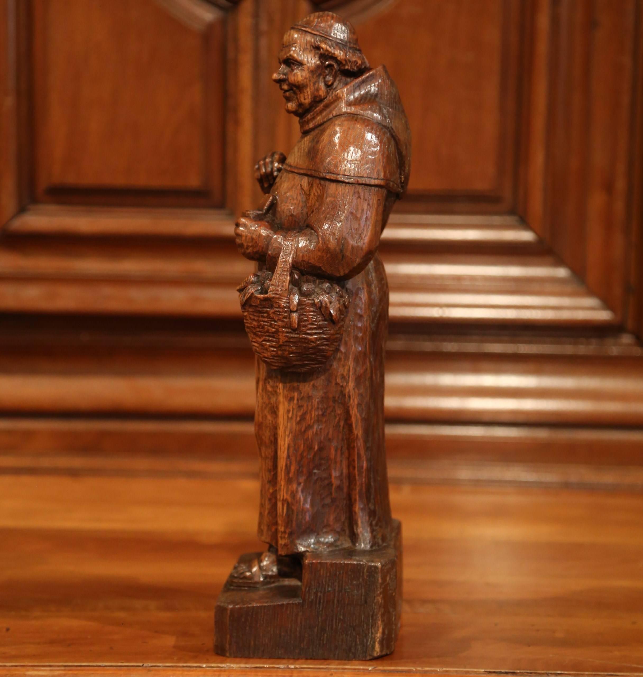 19th Century French Hand Carved Patinated Elm Monk Sculpture In Excellent Condition For Sale In Dallas, TX