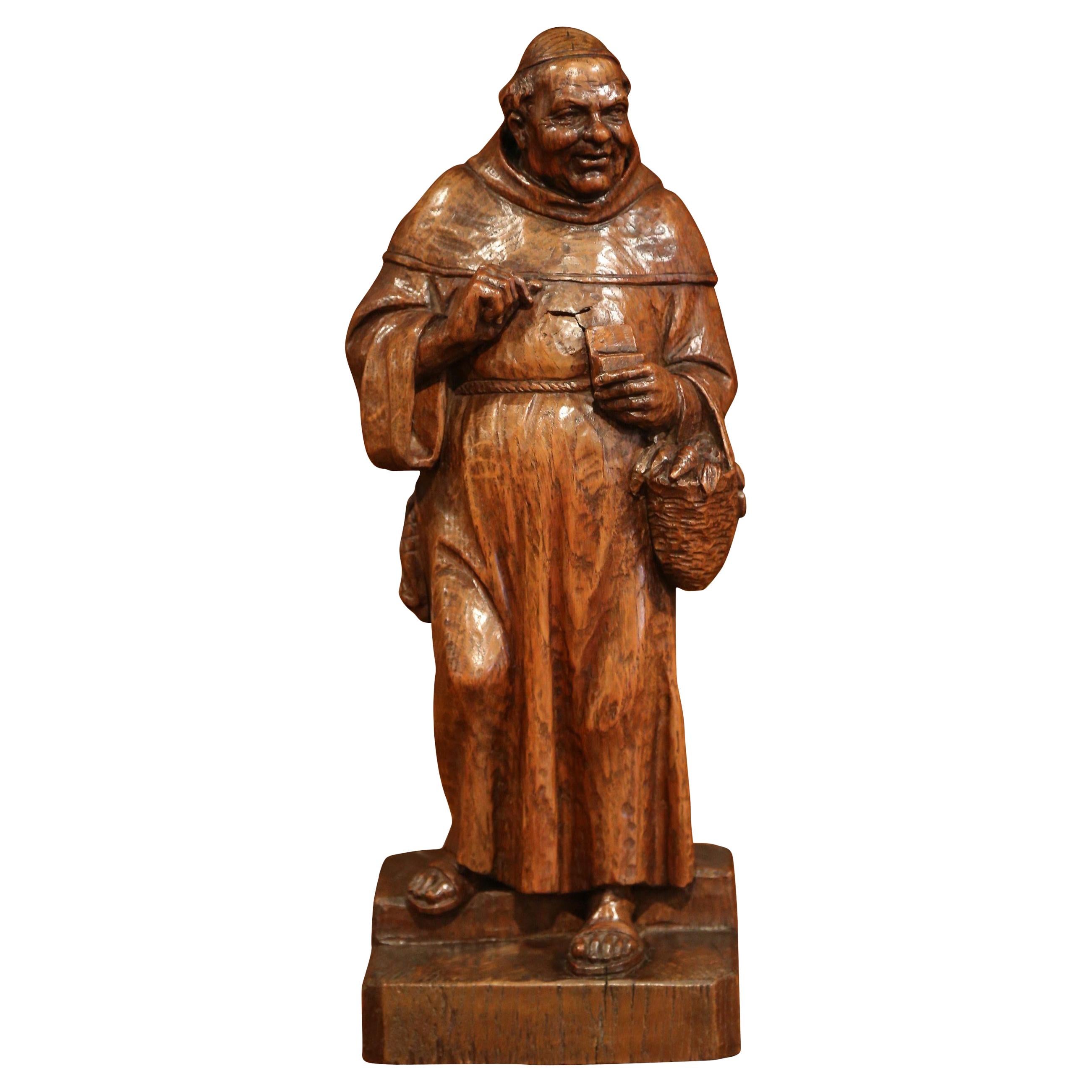 19th Century French Hand Carved Patinated Elm Monk Sculpture For Sale