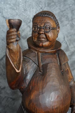 19th Century French Hand Carved Pine Drinking Monk Statue
