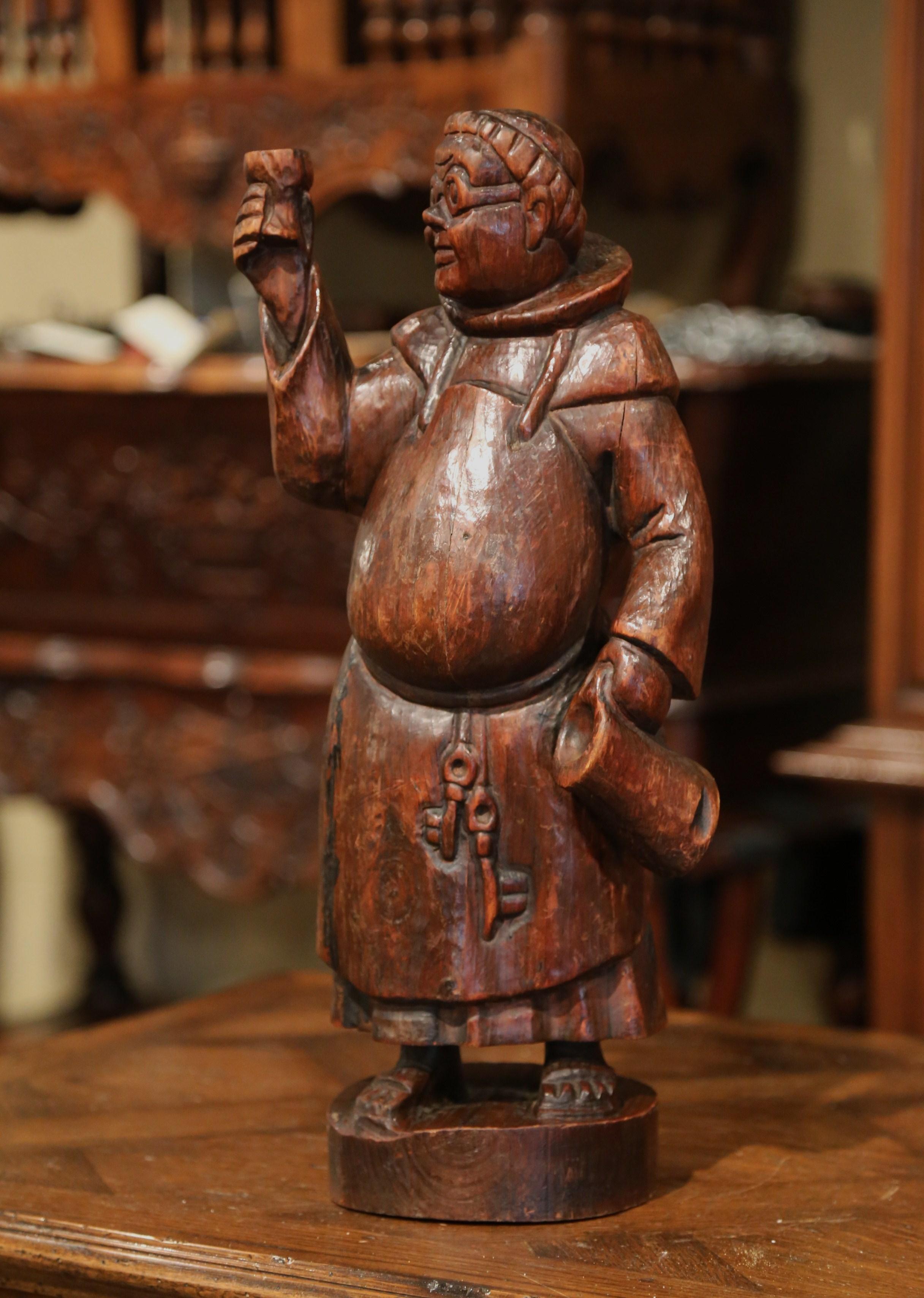 Hand-Carved 19th Century French Hand Carved Pine Drinking Monk Statue