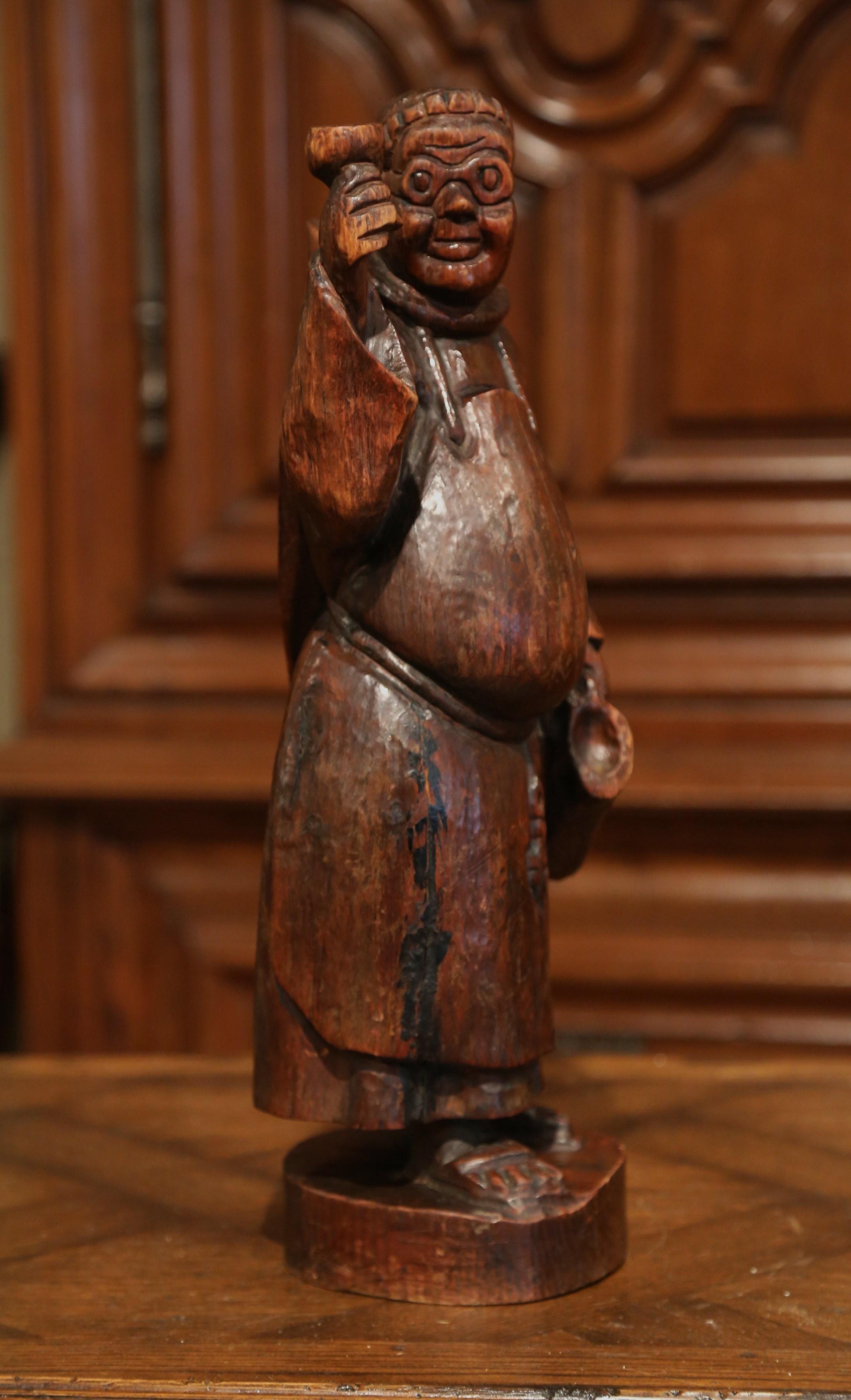 19th Century French Hand Carved Pine Drinking Monk Statue In Excellent Condition In Dallas, TX