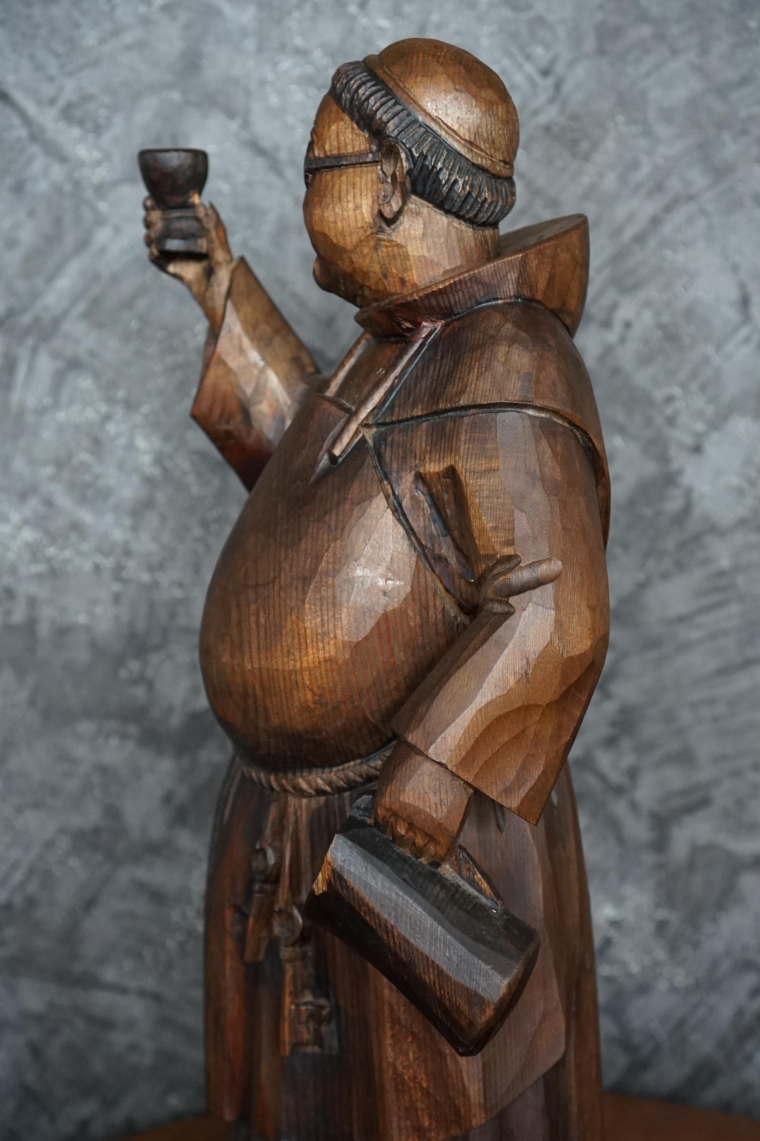 19th Century French Hand Carved Pine Drinking Monk Statue For Sale 1