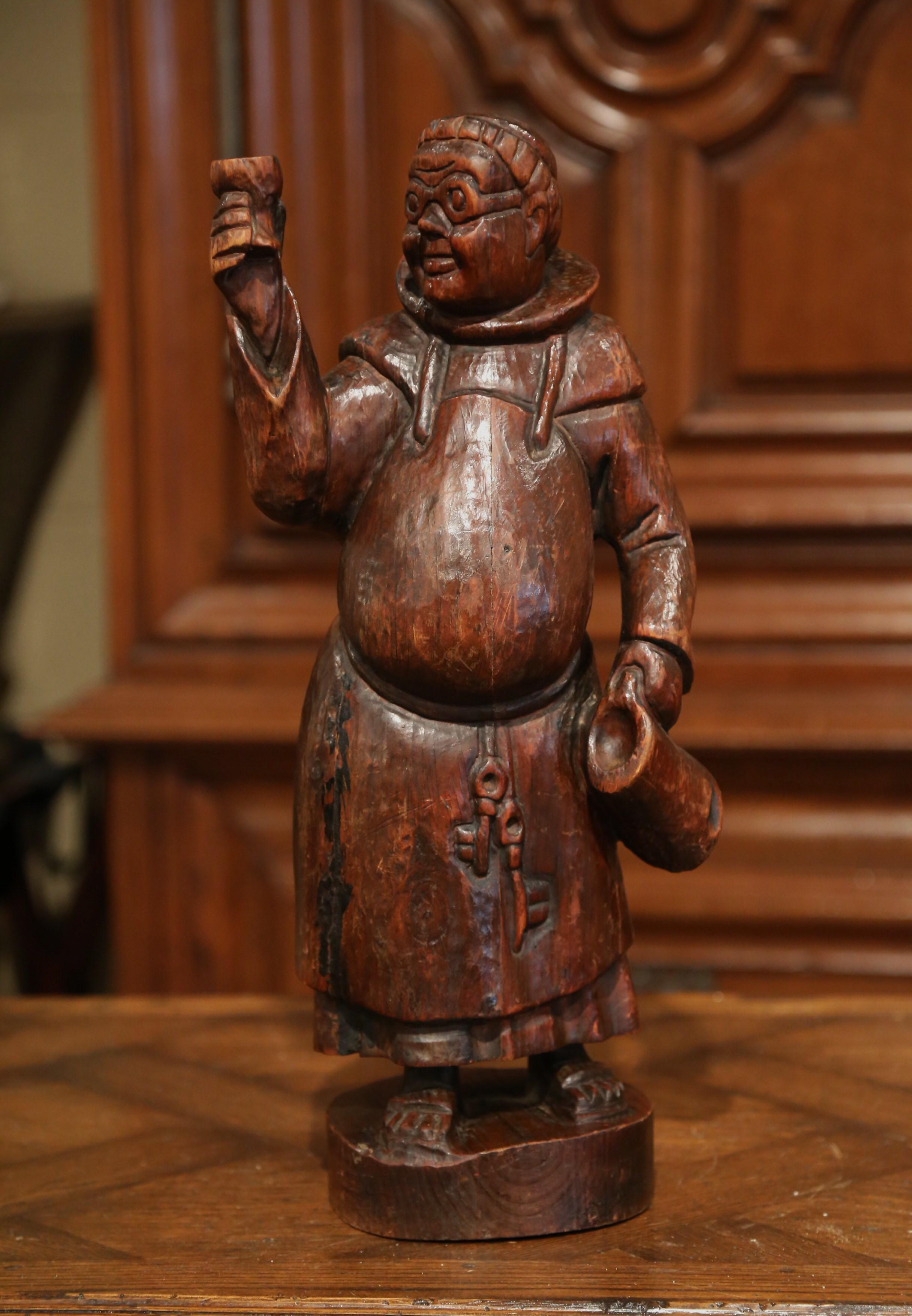 19th Century French Hand Carved Pine Drinking Monk Statue 1