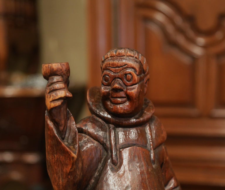 19th Century French Hand Carved Pine Drinking Monk Statue at 1stDibs