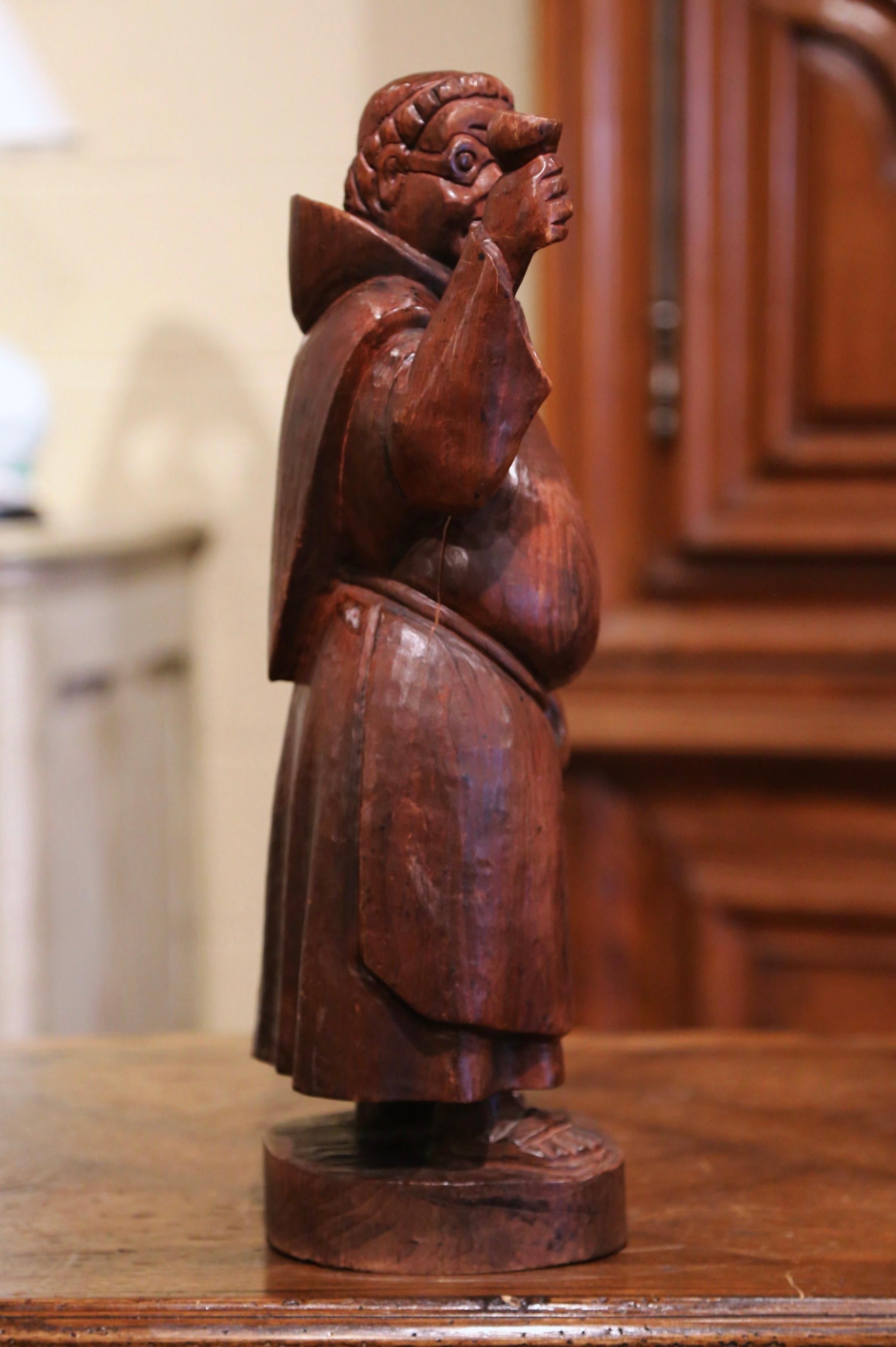 Patinated 19th Century French Hand Carved Pine Drinking Monk Statue