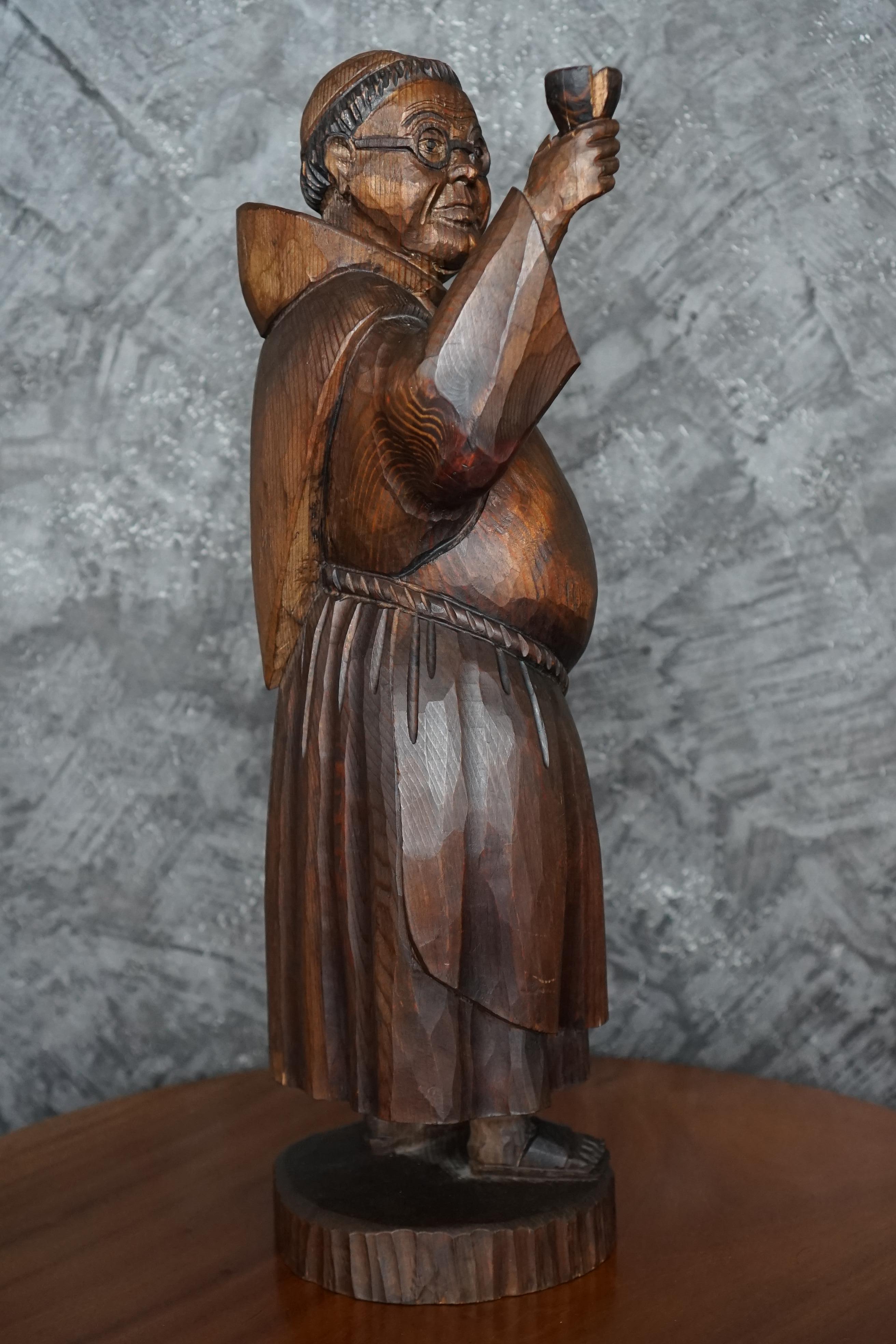 19th Century French Hand Carved Pine Drinking Monk Statue For Sale 3