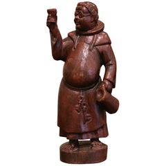 19th Century French Hand Carved Pine Drinking Monk Statue