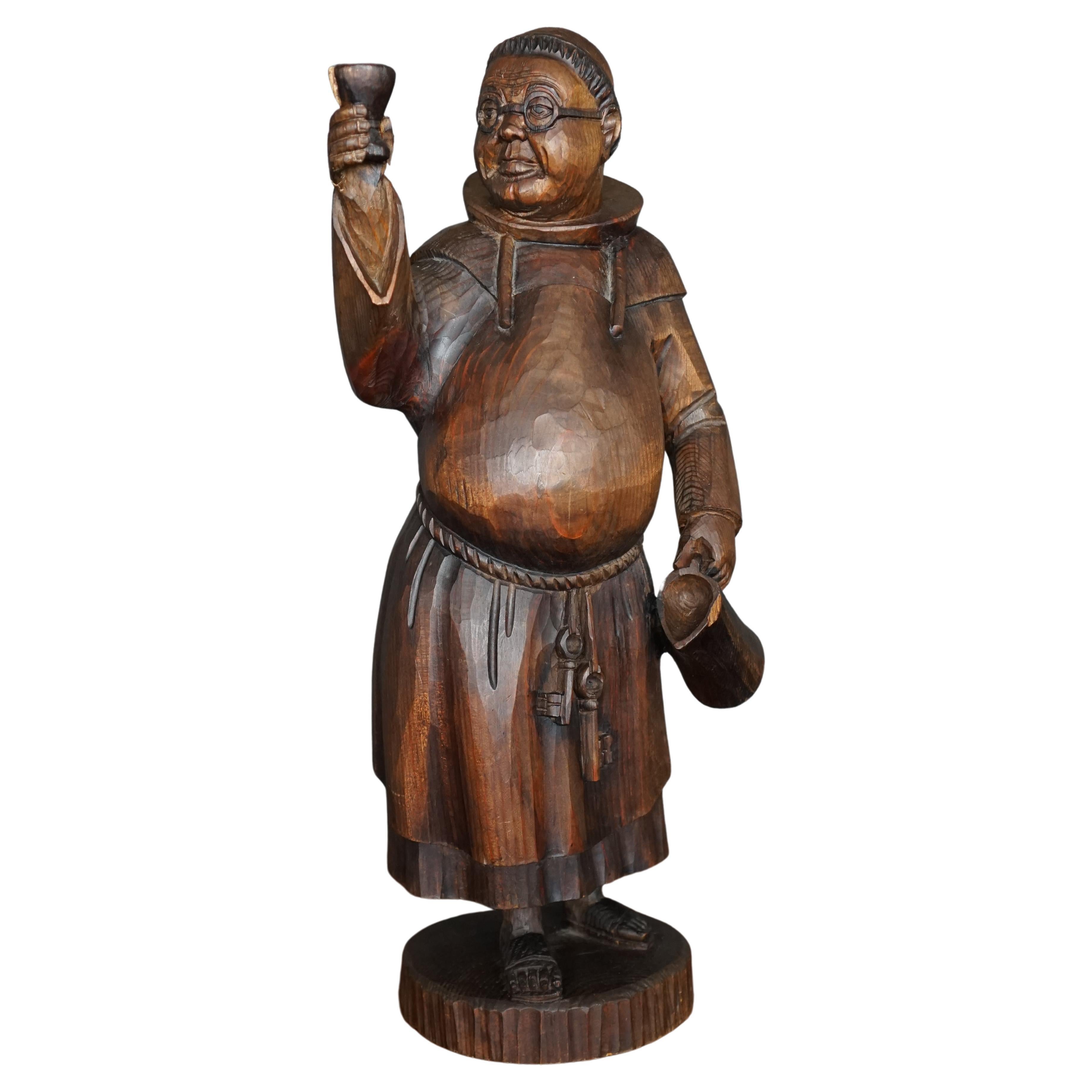 19th Century French Hand Carved Pine Drinking Monk Statue For Sale