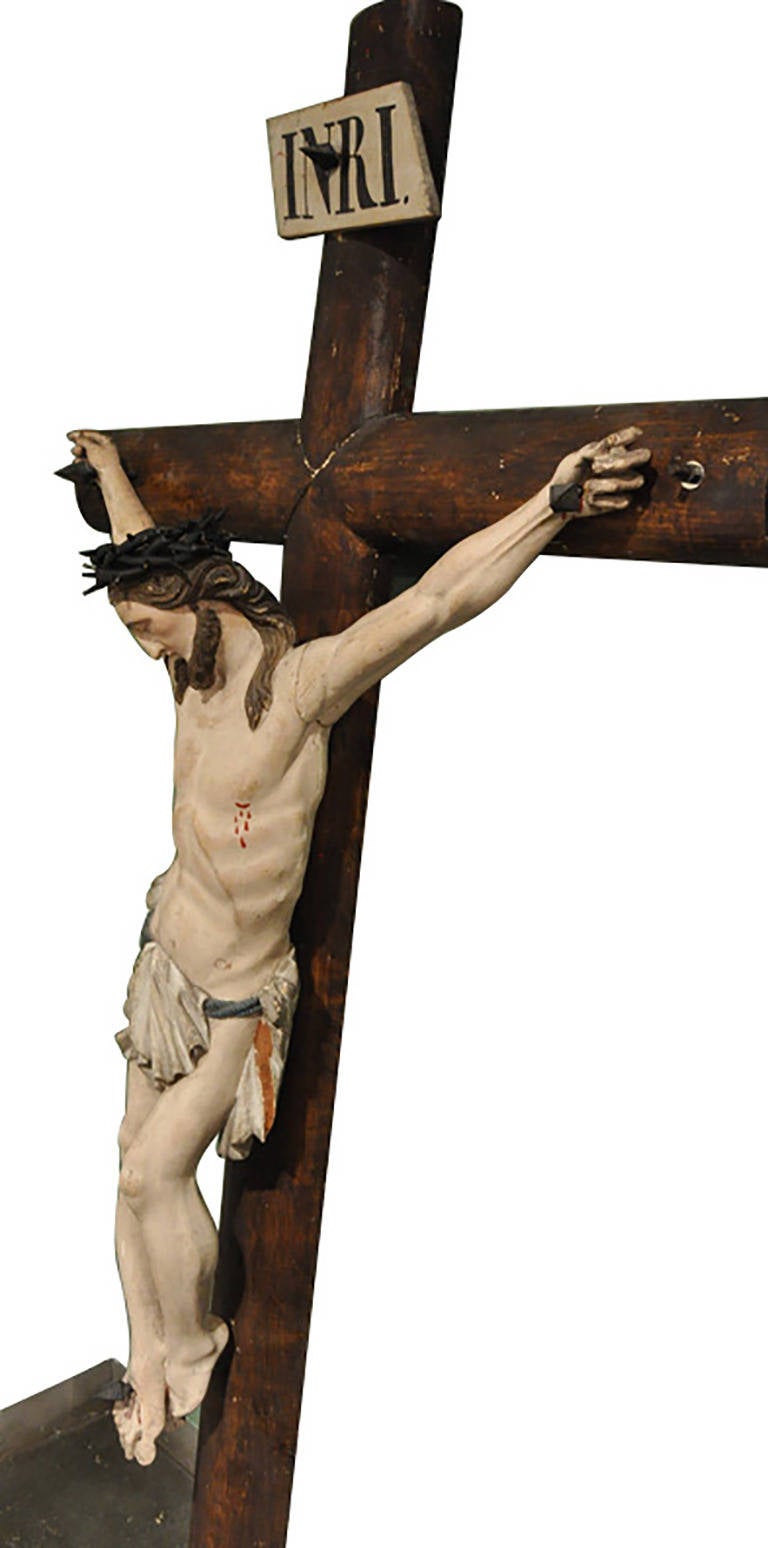 Wood 19th Century French Hand Carved Polychrome and Painted Life-Size Wall Crucifix For Sale