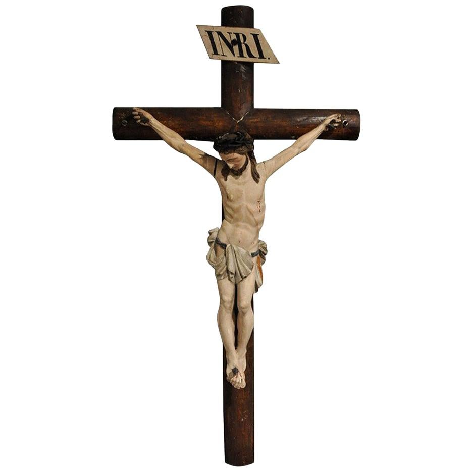 19th Century French Hand Carved Polychrome and Painted Life-Size Wall Crucifix