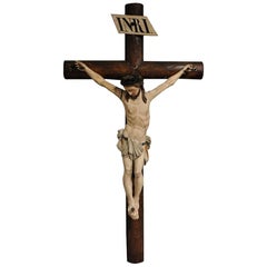 Used 19th Century French Hand Carved Polychrome and Painted Life-Size Wall Crucifix