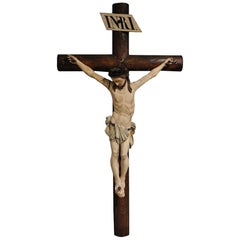 19th Century French Hand Carved Polychrome and Painted Life-Size Wall Crucifix