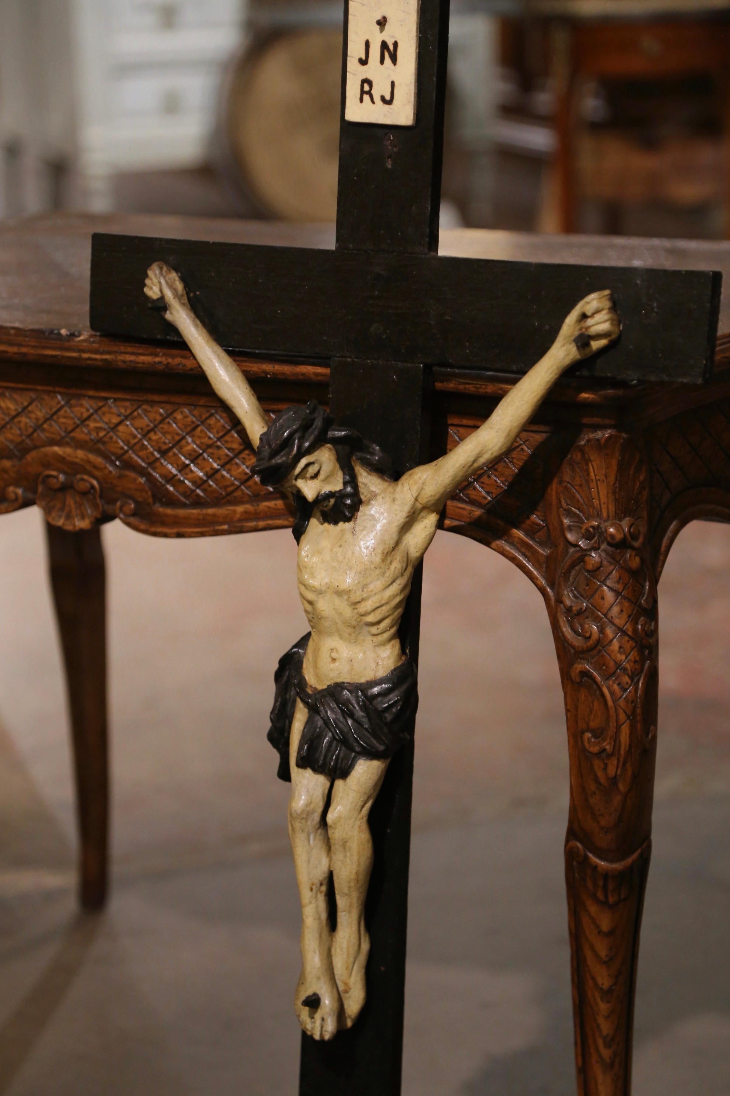 Polychromed 19th Century French Hand Carved Polychrome and Painted Wall Crucifix For Sale