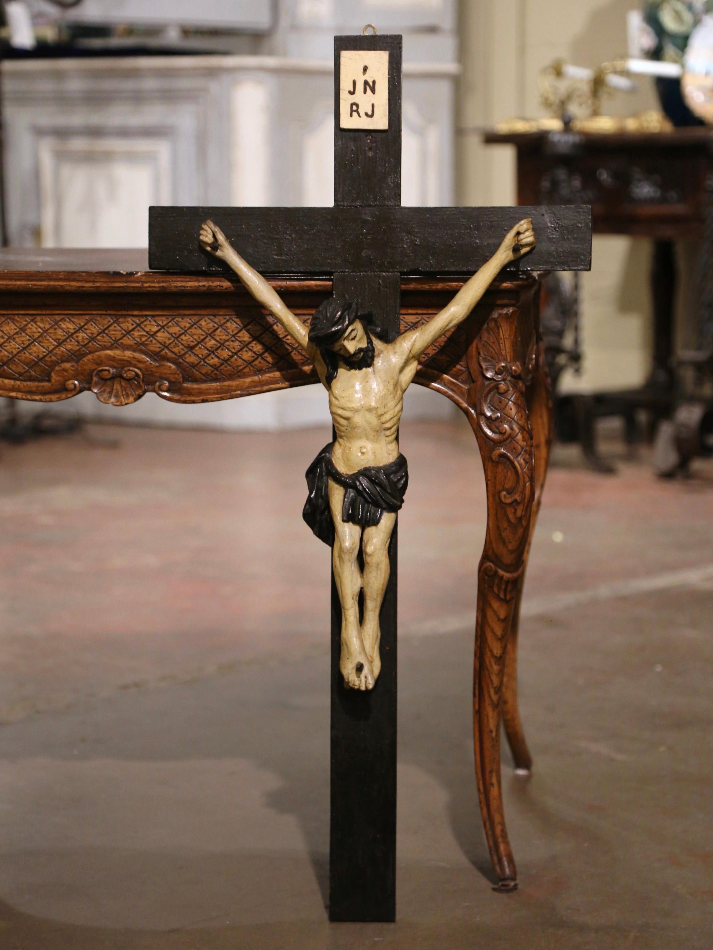 Wood 19th Century French Hand Carved Polychrome and Painted Wall Crucifix For Sale