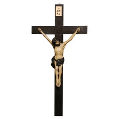 19th Century French Hand Carved Polychrome and Painted Wall Crucifix